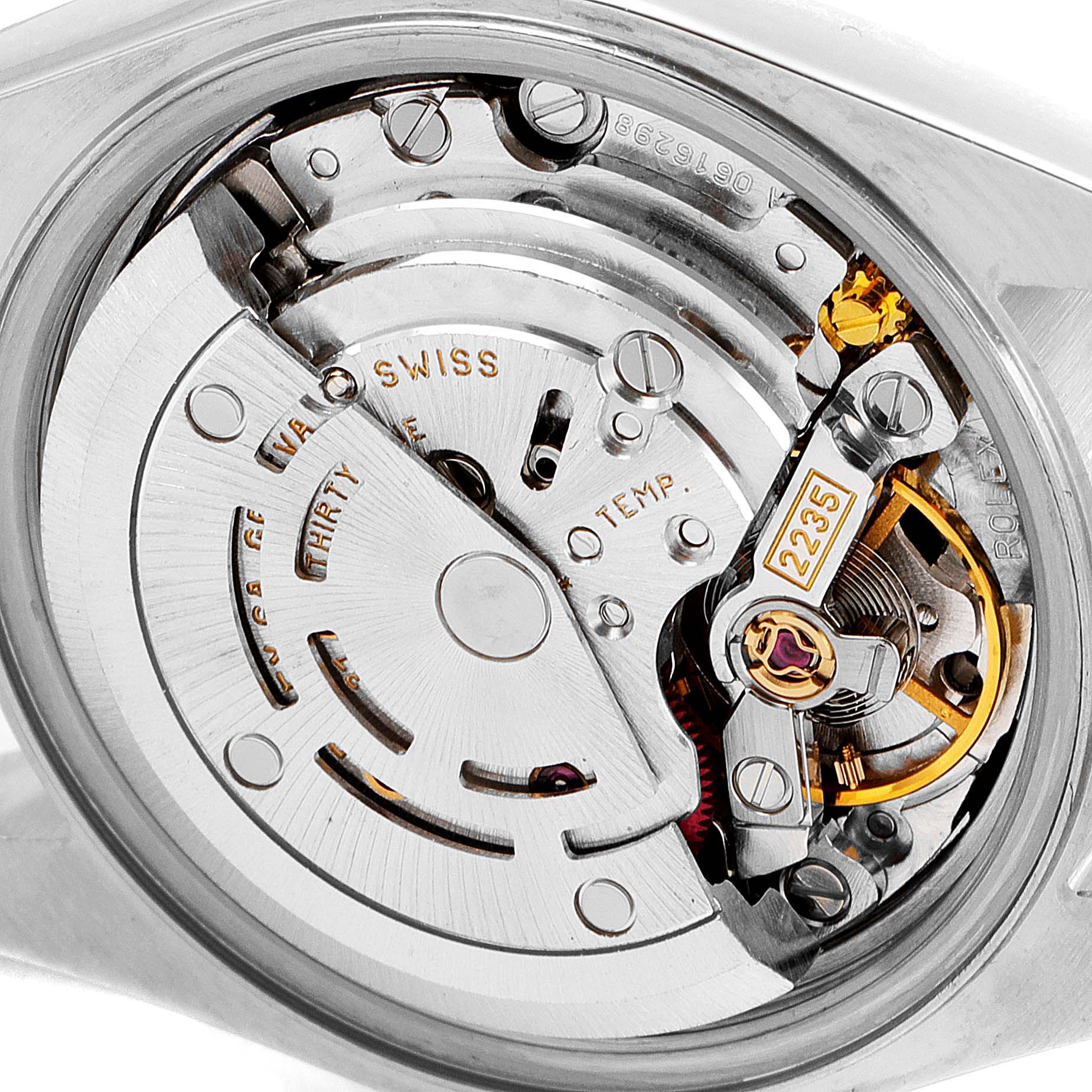 The image shows the internal mechanical movement of a Rolex Datejust 79174 Women's Stainless Steel Black Dial 79174 Women's Stainless Steel Black Dial model watch from a close-up angle.