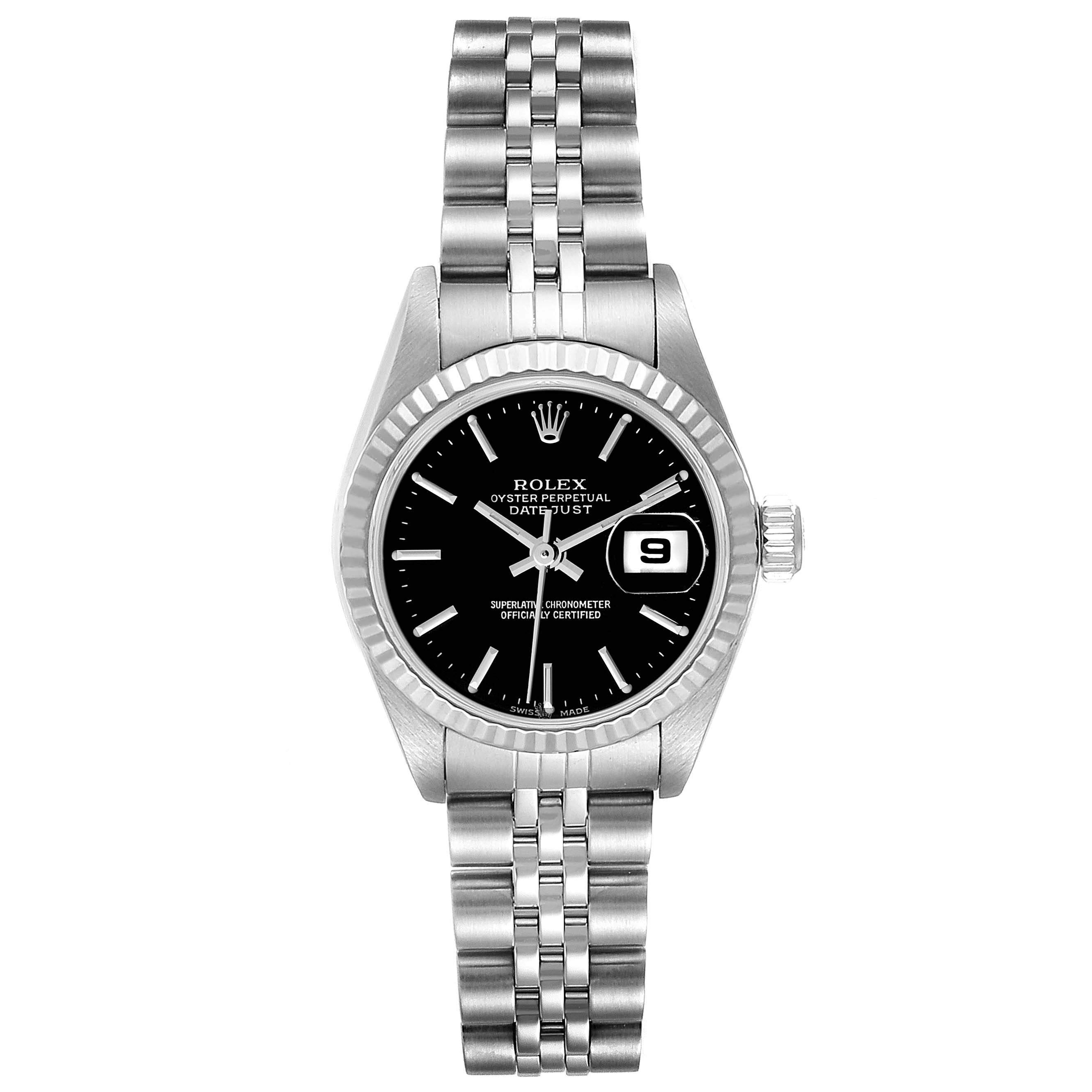 The image shows a frontal view of a Rolex Datejust 79174 Women's Stainless Steel Black Dial 79174 Women's Stainless Steel Black Dial with a black dial and a Jubilee bracelet.