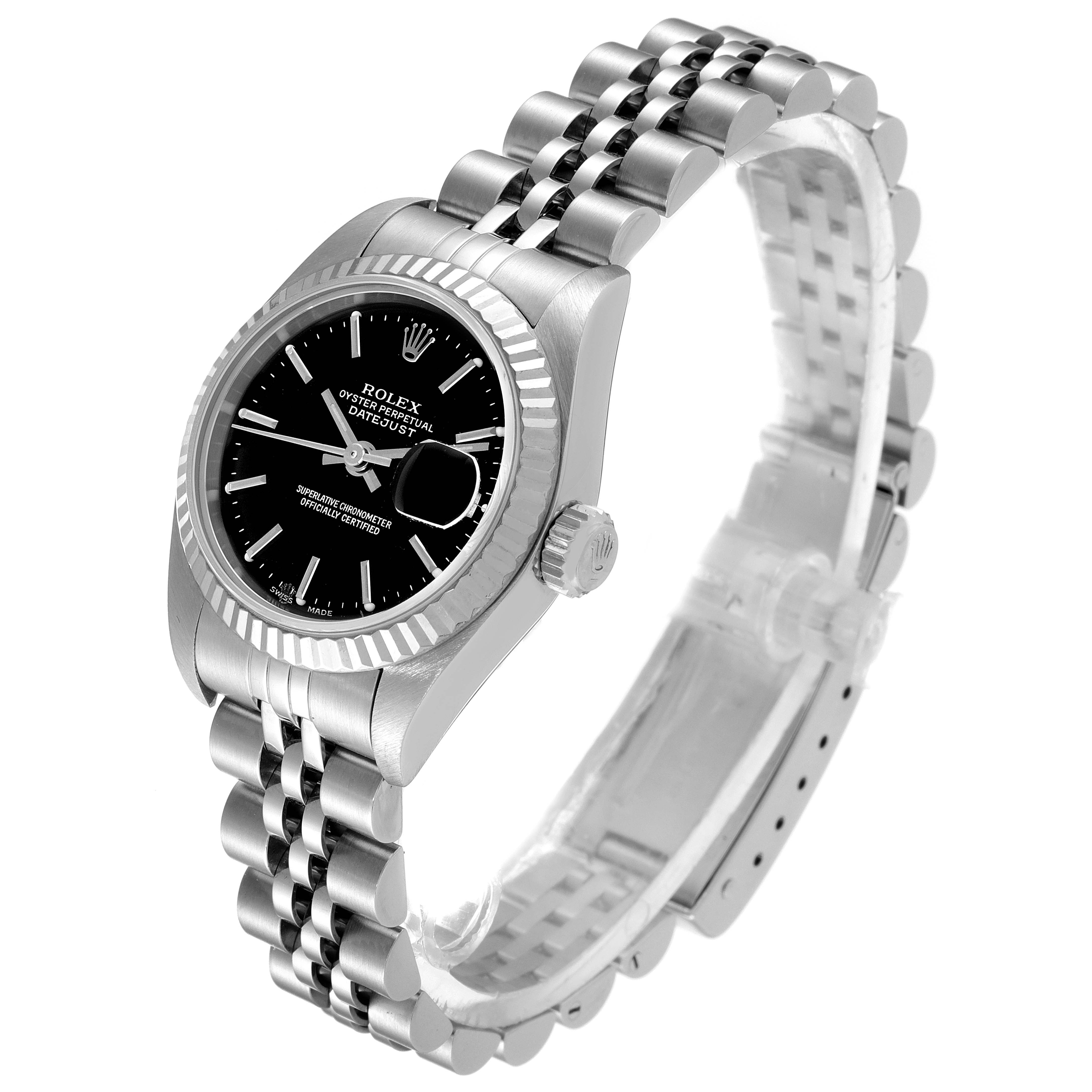The image shows the front and side angles of a Rolex Datejust 79174 Women's Stainless Steel Black Dial 79174 Women's Stainless Steel Black Dial watch, featuring its dial, bracelet, and crown.