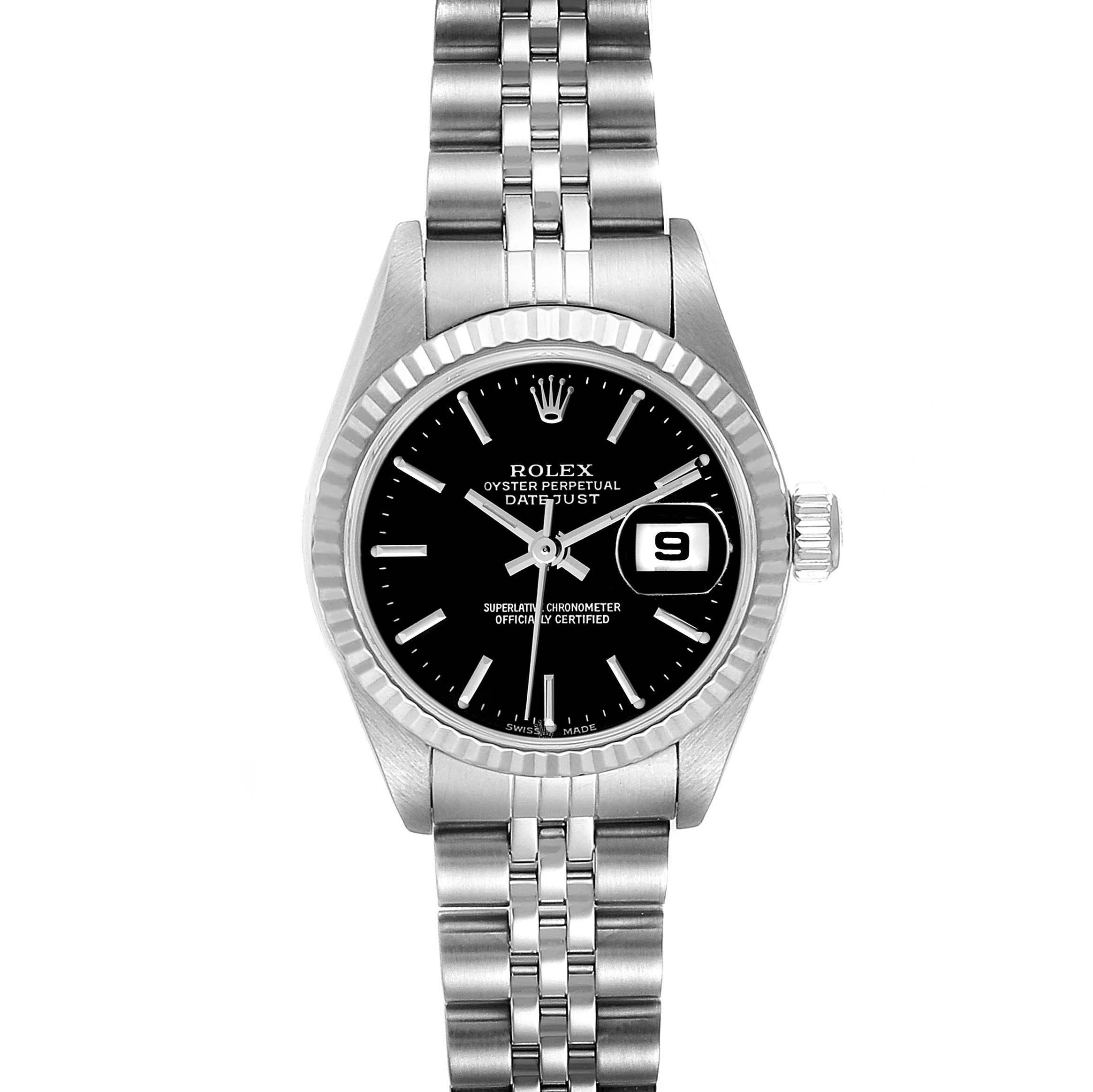 This image shows a frontal view of a Rolex Datejust 79174 Women's Stainless Steel Black Dial 79174 Women's Stainless Steel Black Dial watch, highlighting its black dial, fluted bezel, and Jubilee bracelet.