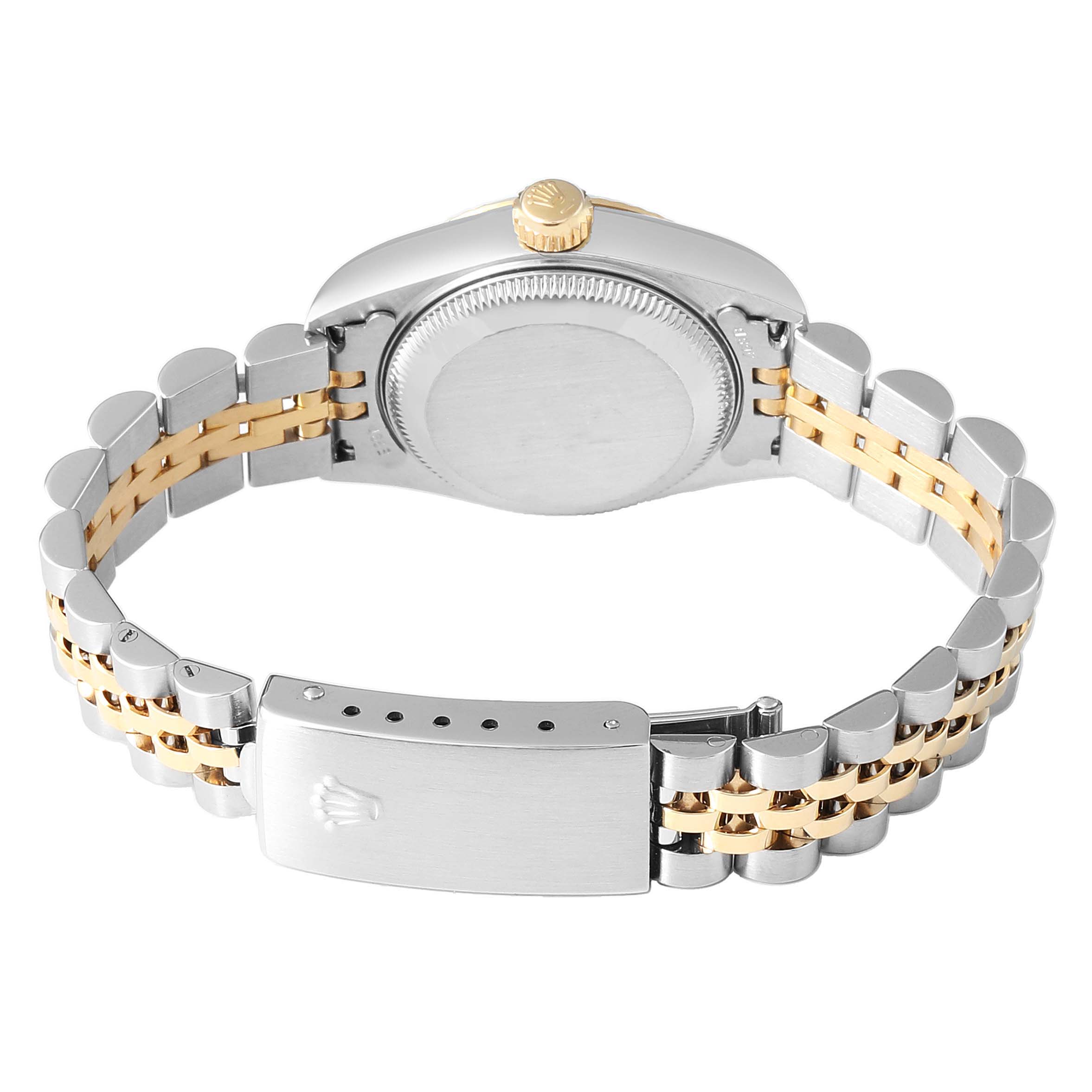 The image shows the back view of a Rolex Datejust 79173 Women's Steel and Gold (two tone) Black Dial watch, highlighting its two-tone bracelet, clasp, and case back.