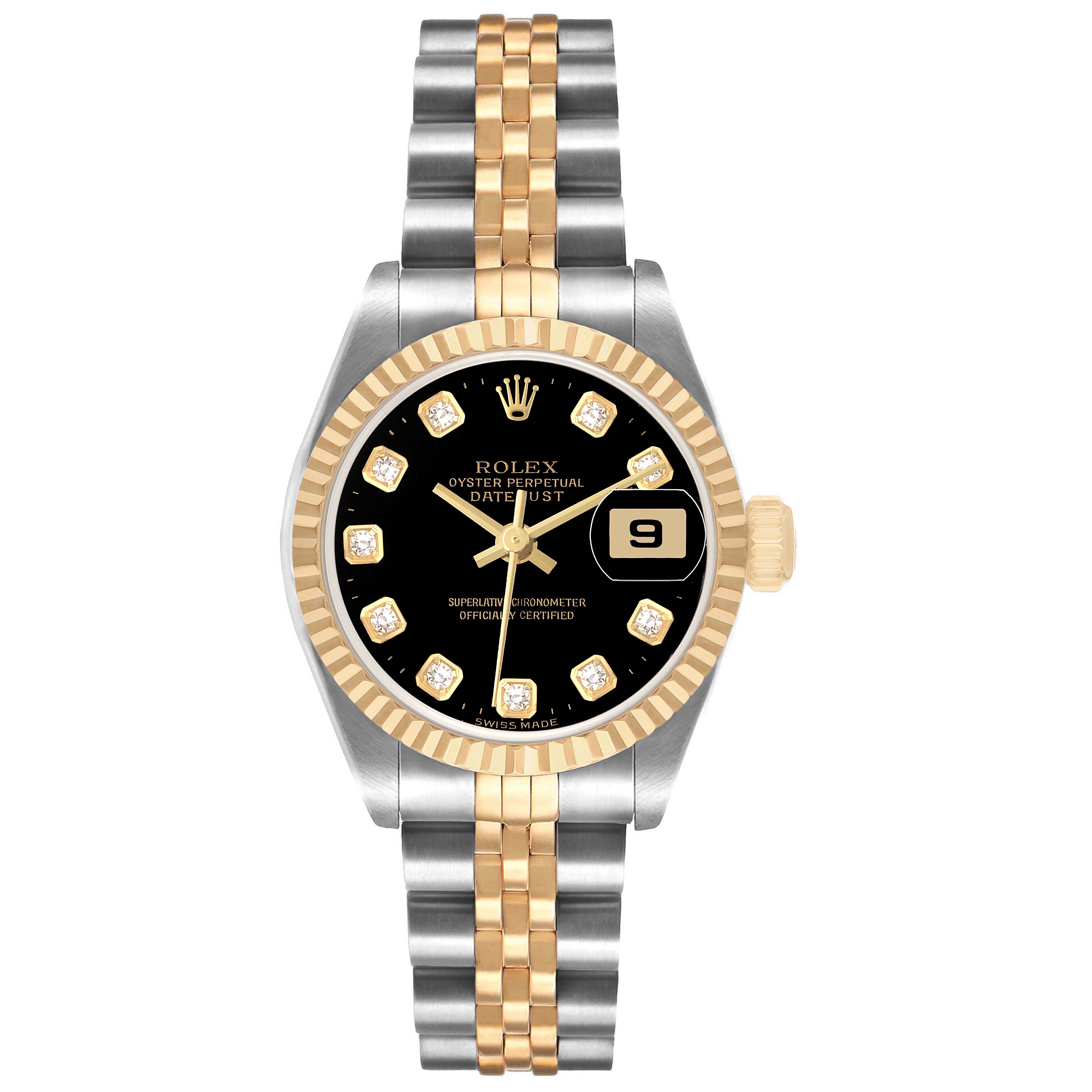 The Rolex Datejust 79173 Women's Steel and Gold (two tone) Black Dial watch is shown from the front, highlighting the dial, bezel, and bracelet.