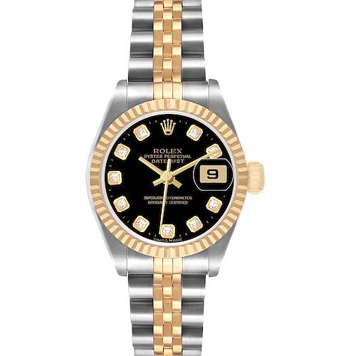 The Rolex Datejust 79173 Women's Steel and Gold (two tone) Black Dial watch is shown from a top-down angle, displaying the face, bezel, and bracelet clearly.