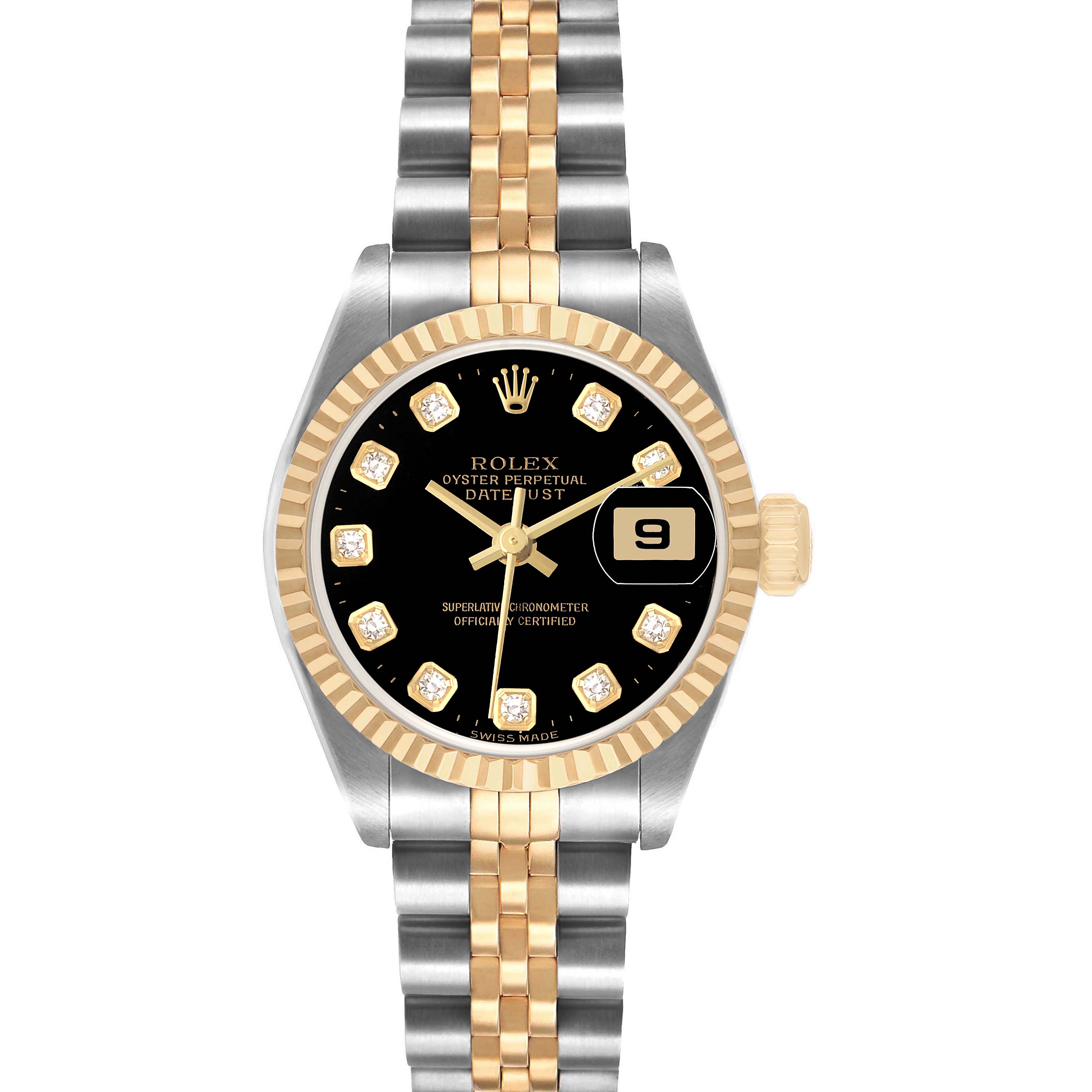 The Rolex Datejust 79173 Women's Steel and Gold (two tone) Black Dial watch is shown from a front view, highlighting the dial, two-tone bracelet, and fluted bezel.