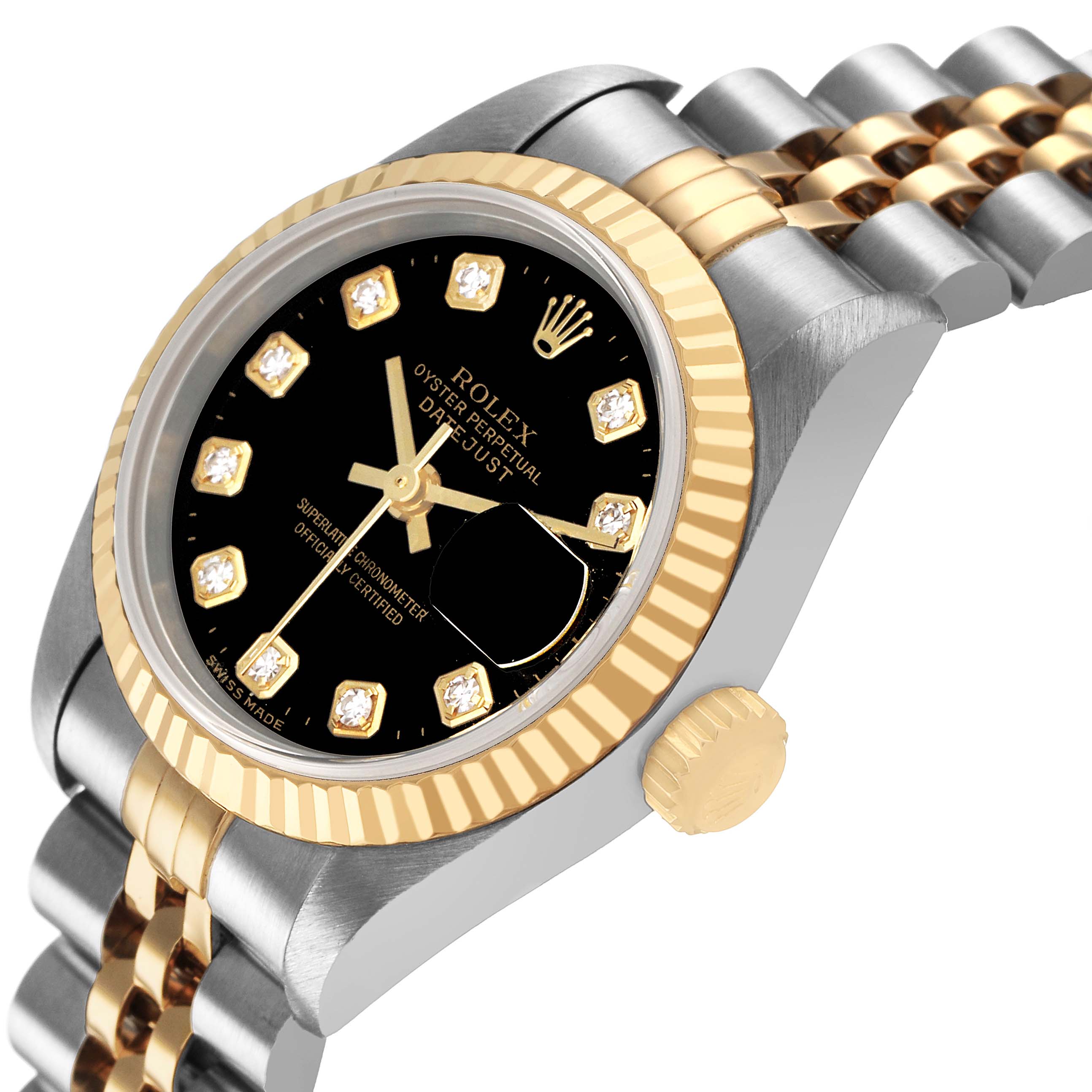 The Rolex Datejust 79173 Women's Steel and Gold (two tone) Black Dial watch is shown at an angled view, highlighting the black dial, gold fluted bezel, and jubilee bracelet.