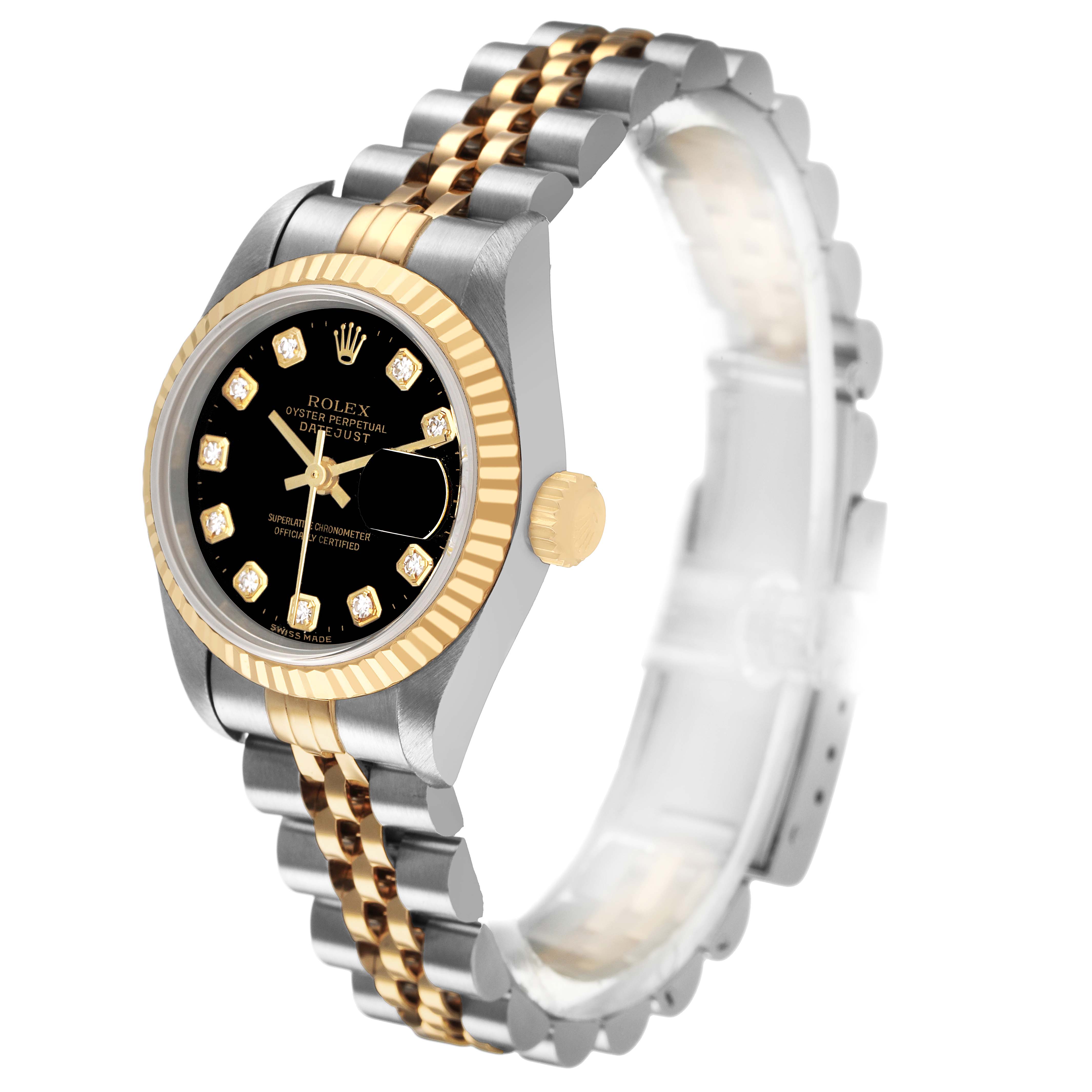 The Rolex Datejust 79173 Women's Steel and Gold (two tone) Black Dial watch is shown at a three-quarter angle, highlighting the bezel, dial, crown, and two-tone bracelet.