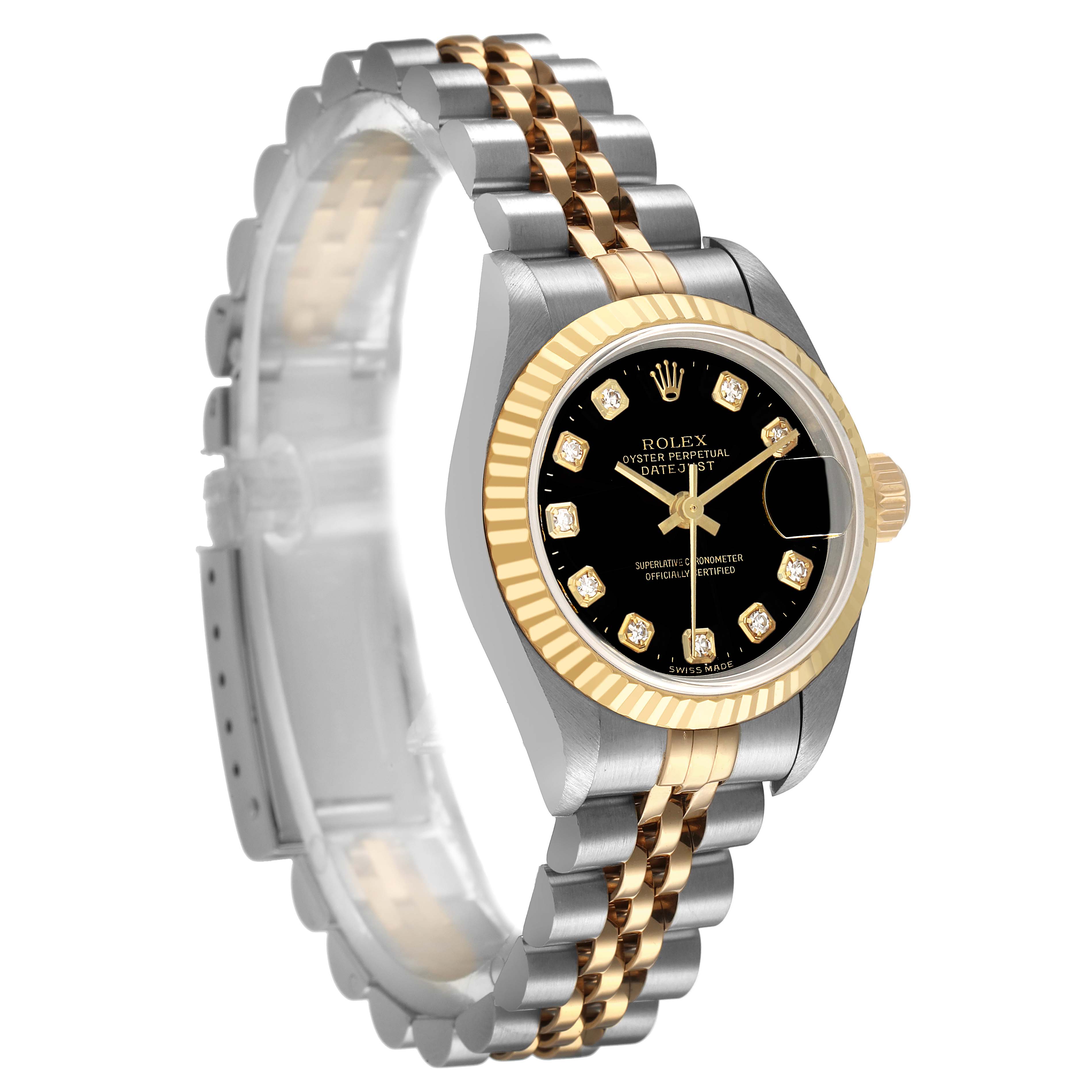 The Rolex Datejust 79173 Women's Steel and Gold (two tone) Black Dial watch is shown at a front angle, highlighting its black dial, gold bezel, and bicolor bracelet.