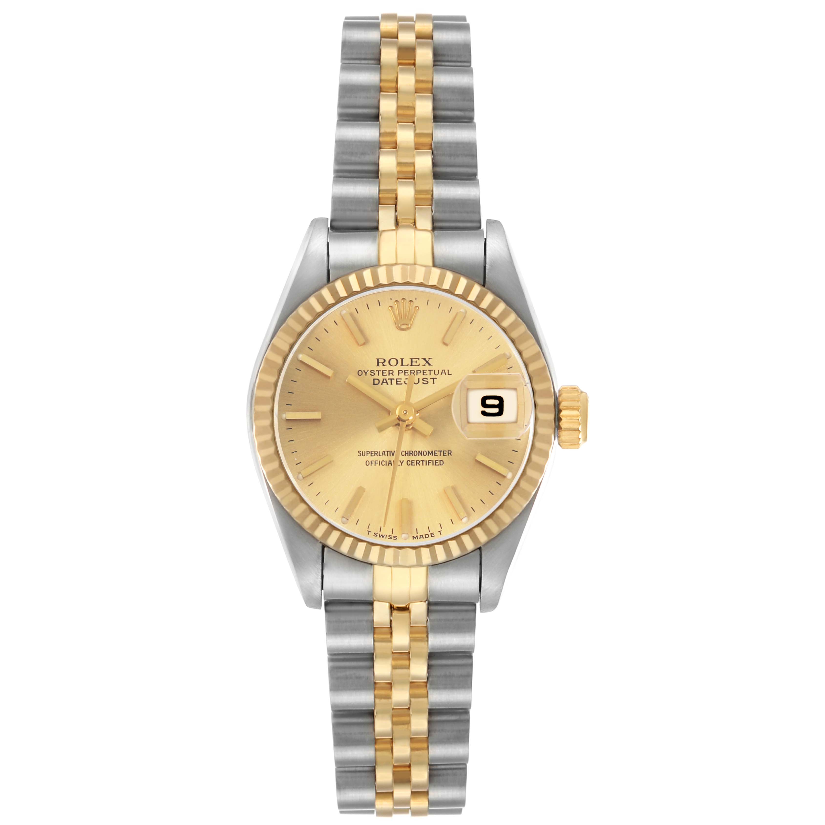 The Rolex Datejust 69173 Women's Steel and Gold (two tone) Champagne Dial watch is shown from a front angle, displaying the face, bezel, crown, and bracelet.