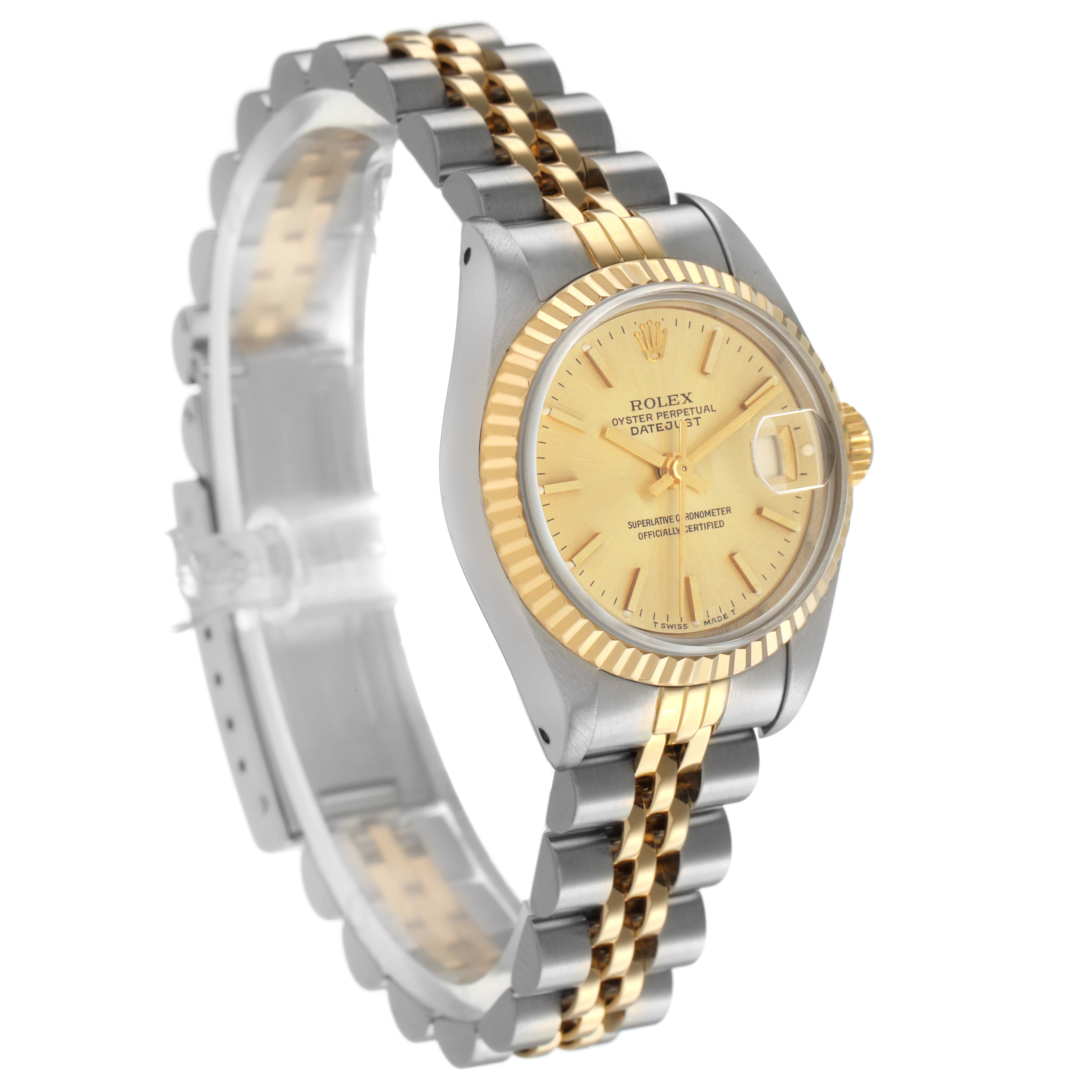 The image shows a Rolex Datejust 69173 Women's Steel and Gold (two tone) Champagne Dial watch at a slight angle, highlighting its gold and silver bracelet and fluted bezel.