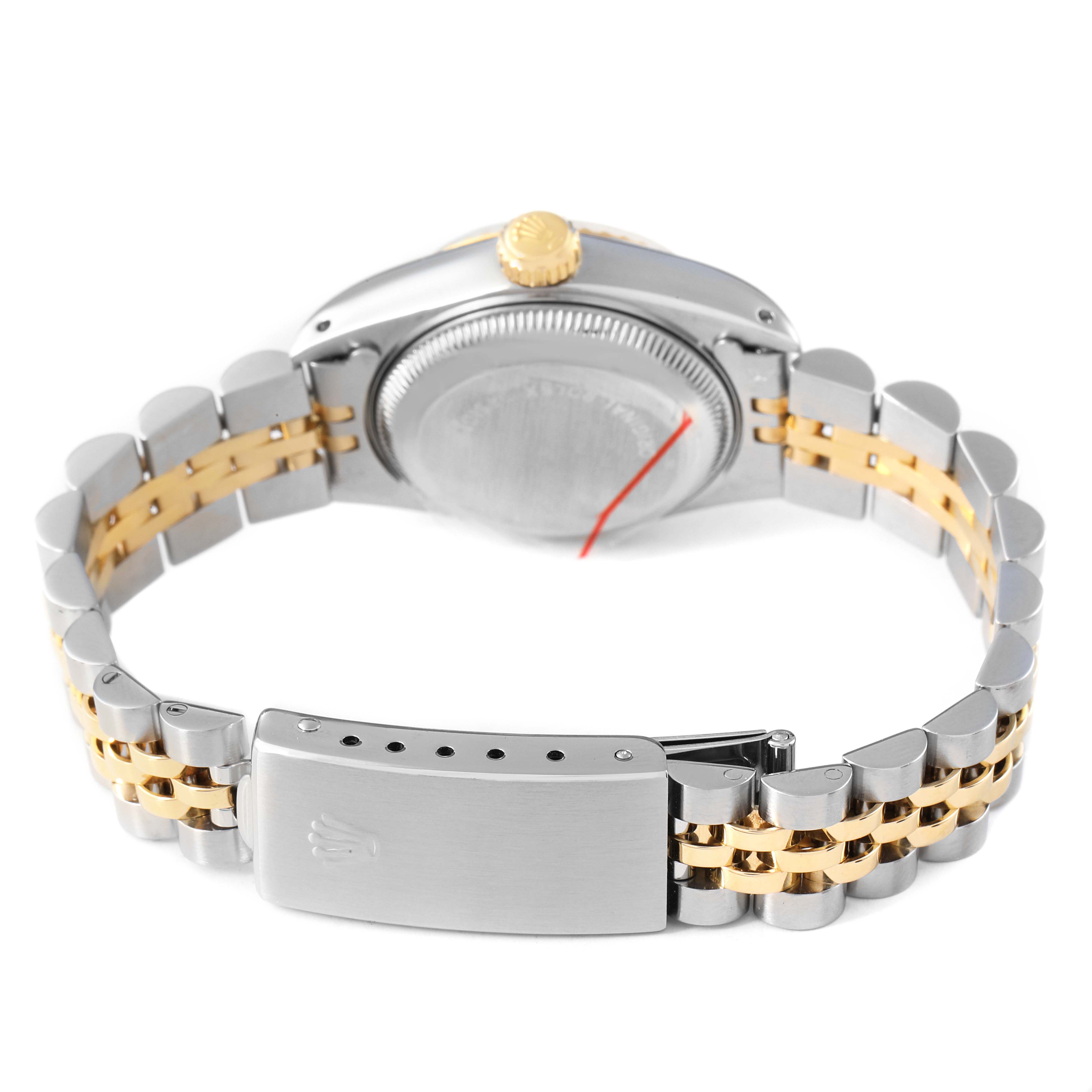 The image shows the back of the Rolex Datejust 69173 Women's Steel and Gold (two tone) Champagne Dial watch, highlighting the case, crown, bracelet, and clasp.