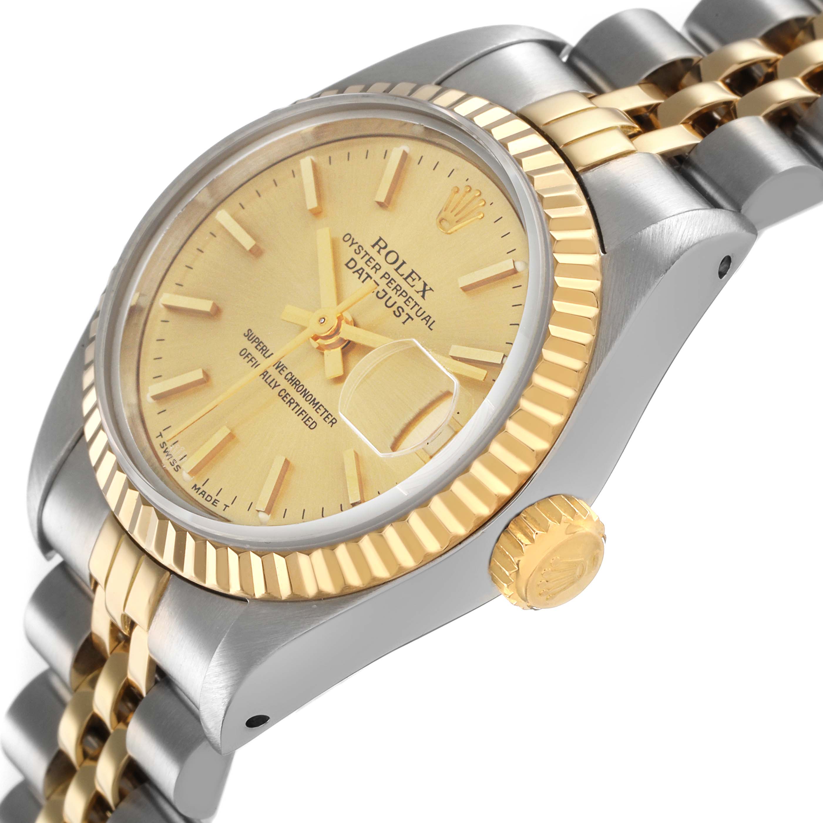 The image shows a Rolex Datejust 69173 Women's Steel and Gold (two tone) Champagne Dial watch at an angle, highlighting the gold dial, bezel, crown, and two-tone bracelet.