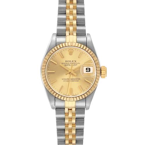 This Rolex Datejust 69173 Women's Steel and Gold (two tone) Champagne Dial watch is shown from a top-down angle, highlighting its dial, bezel, and two-tone bracelet.