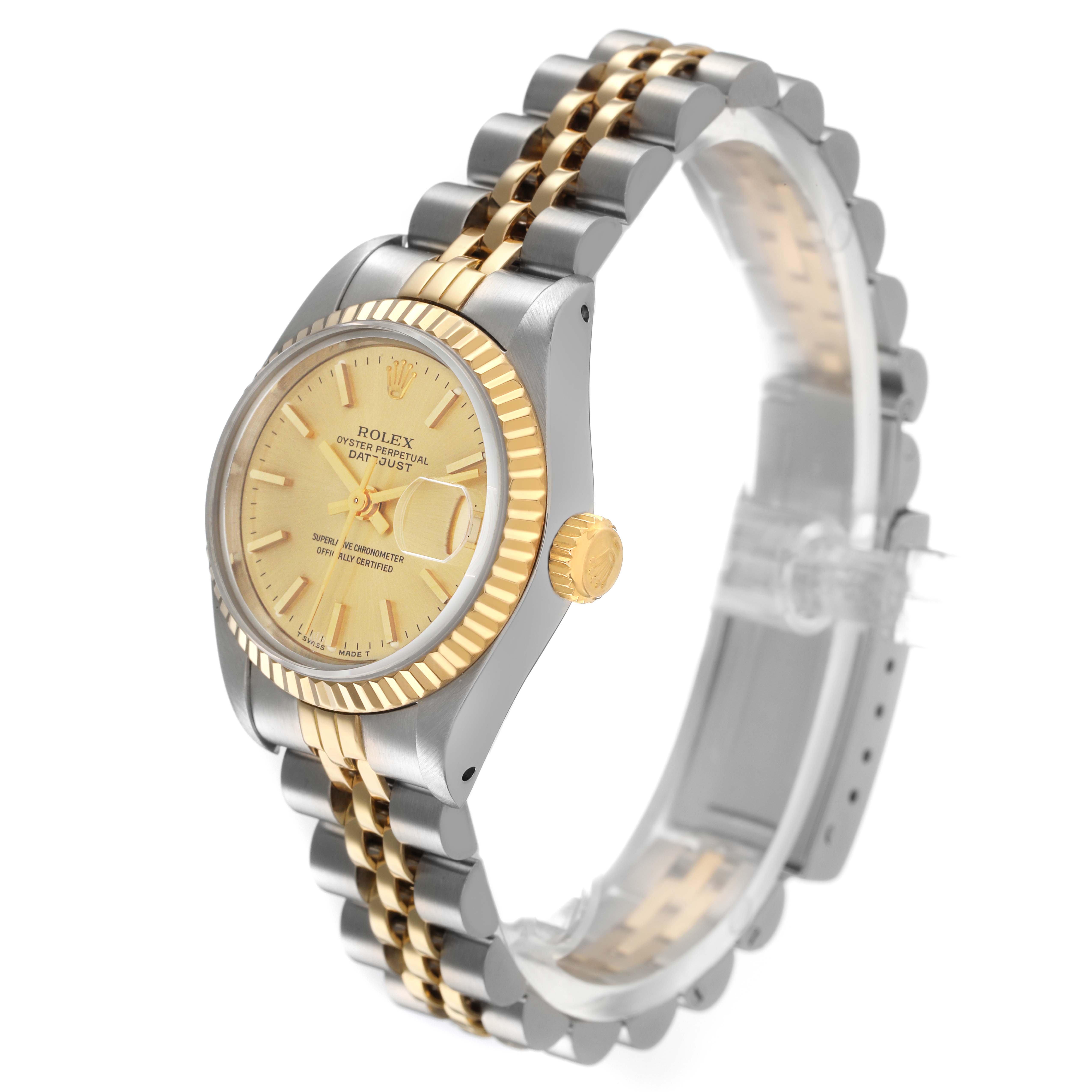 The Rolex Datejust 69173 Women's Steel and Gold (two tone) Champagne Dial watch is shown at a three-quarter angle, highlighting the two-tone bracelet and fluted bezel.