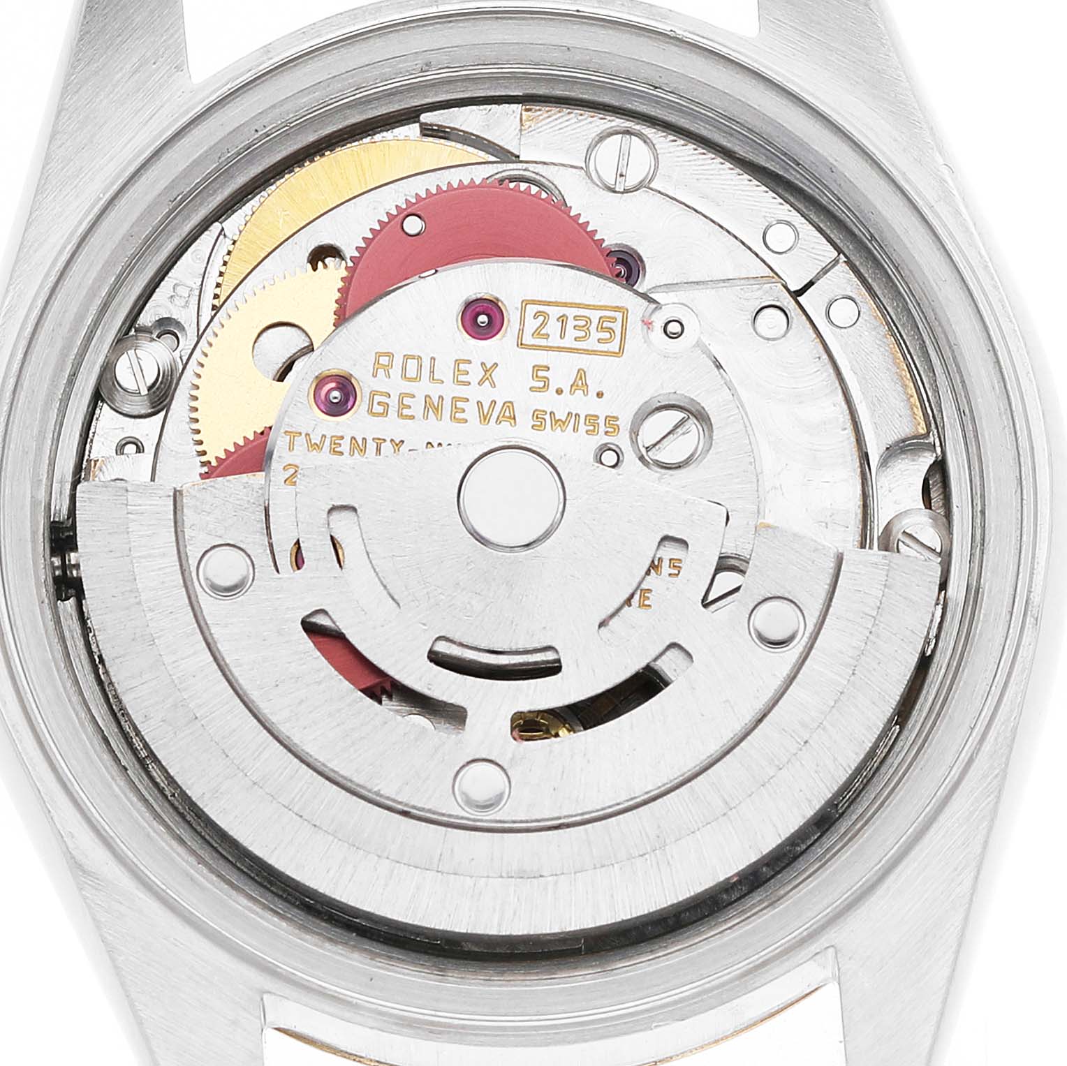 The image shows the movement case-back of a Rolex Datejust 69173 Women's Steel and Gold (two tone) Champagne Dial, featuring gears and components of the caliber 2135.