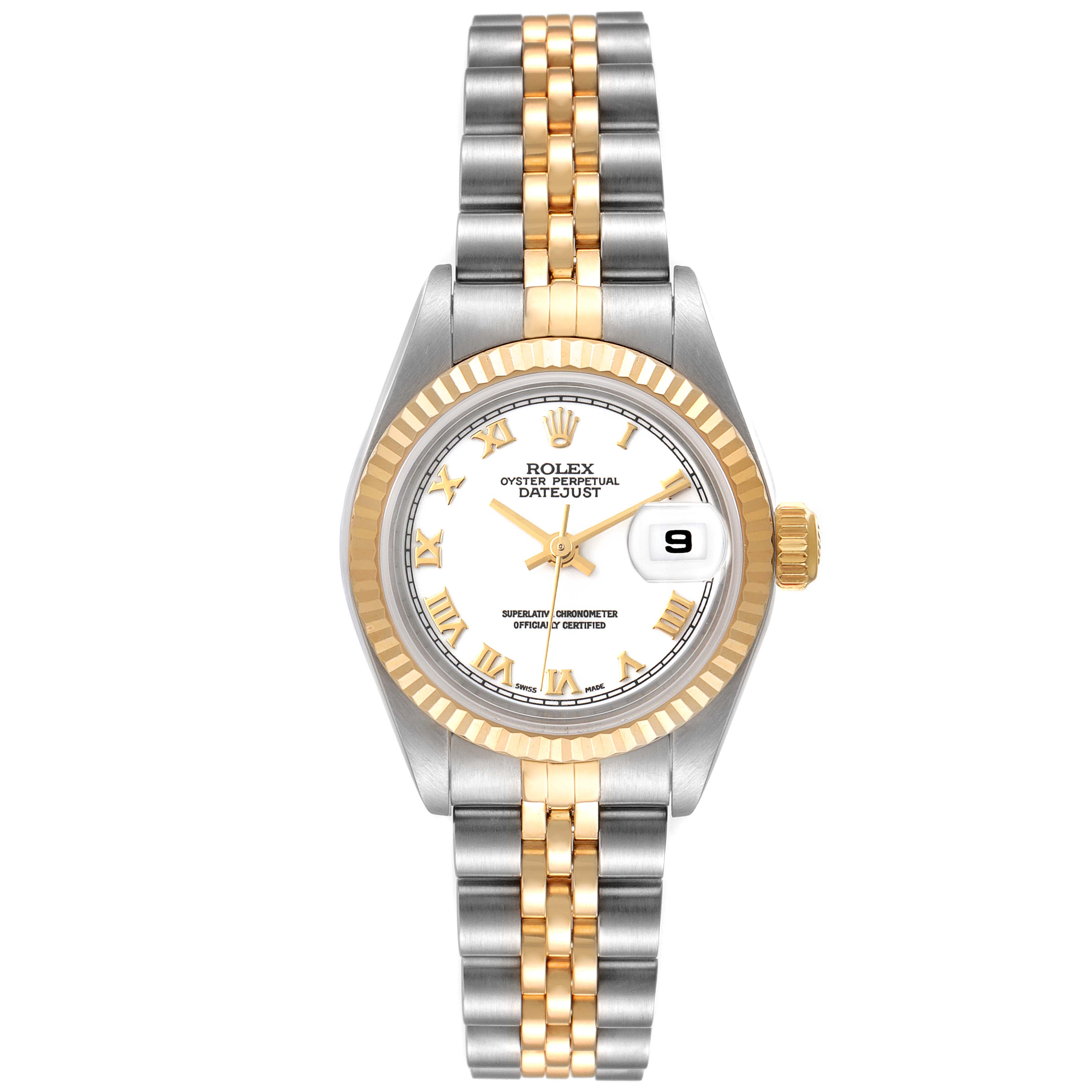 The Rolex Datejust 79173 Women's Steel and Gold (two tone) White Dial 79173 Women's Steel and Gold (two tone) White Dial watch is shown from the top, highlighting the face, bezel, and two-tone bracelet.