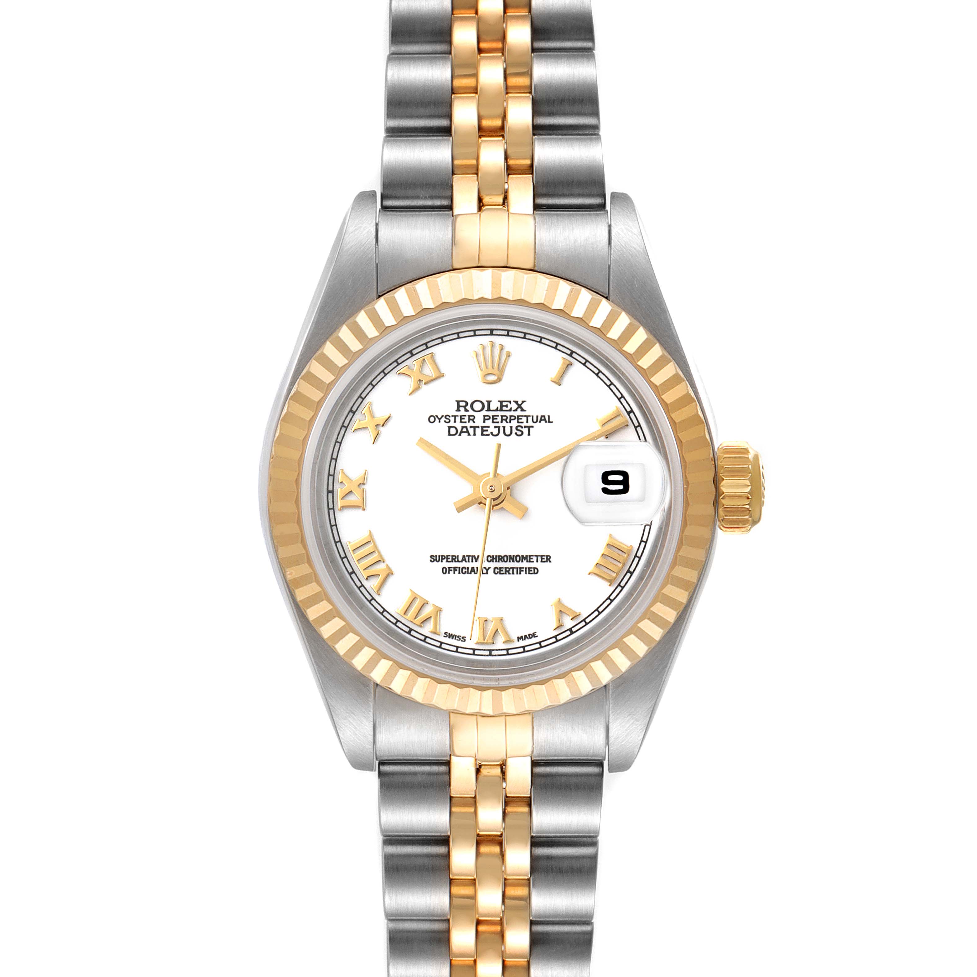 This image shows a front view of the Rolex Datejust 79173 Women's Steel and Gold (two tone) White Dial 79173 Women's Steel and Gold (two tone) White Dial watch, highlighting its dial, bezel, crown, and two-tone bracelet.