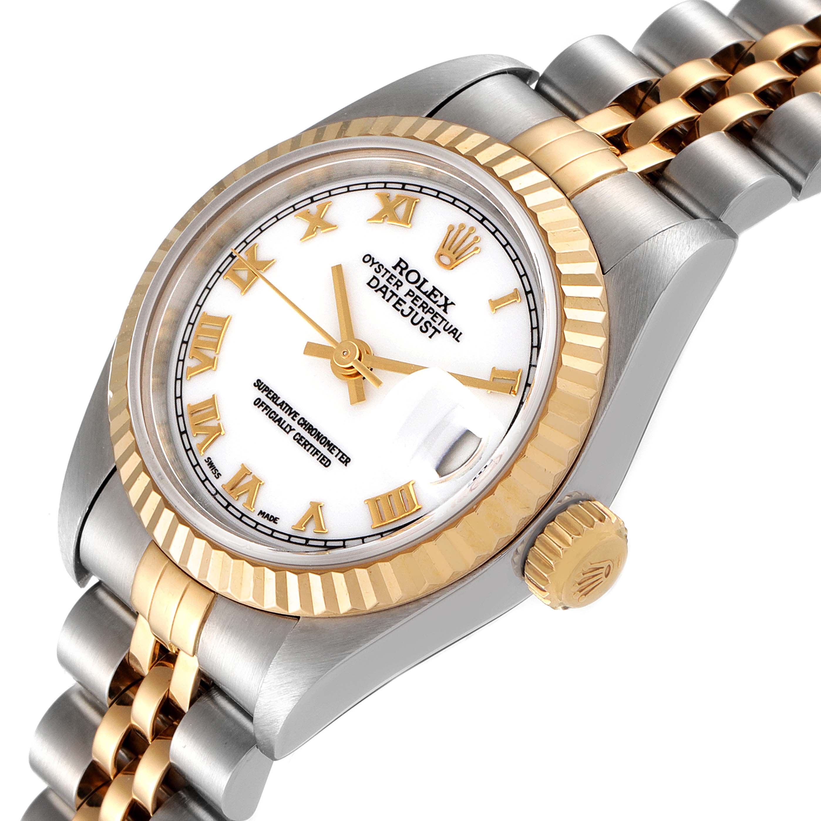 This image shows a Rolex Datejust 79173 Women's Steel and Gold (two tone) White Dial 79173 Women's Steel and Gold (two tone) White Dial watch from a right-side angle, highlighting its dial, bezel, case, crown, and bracelet.
