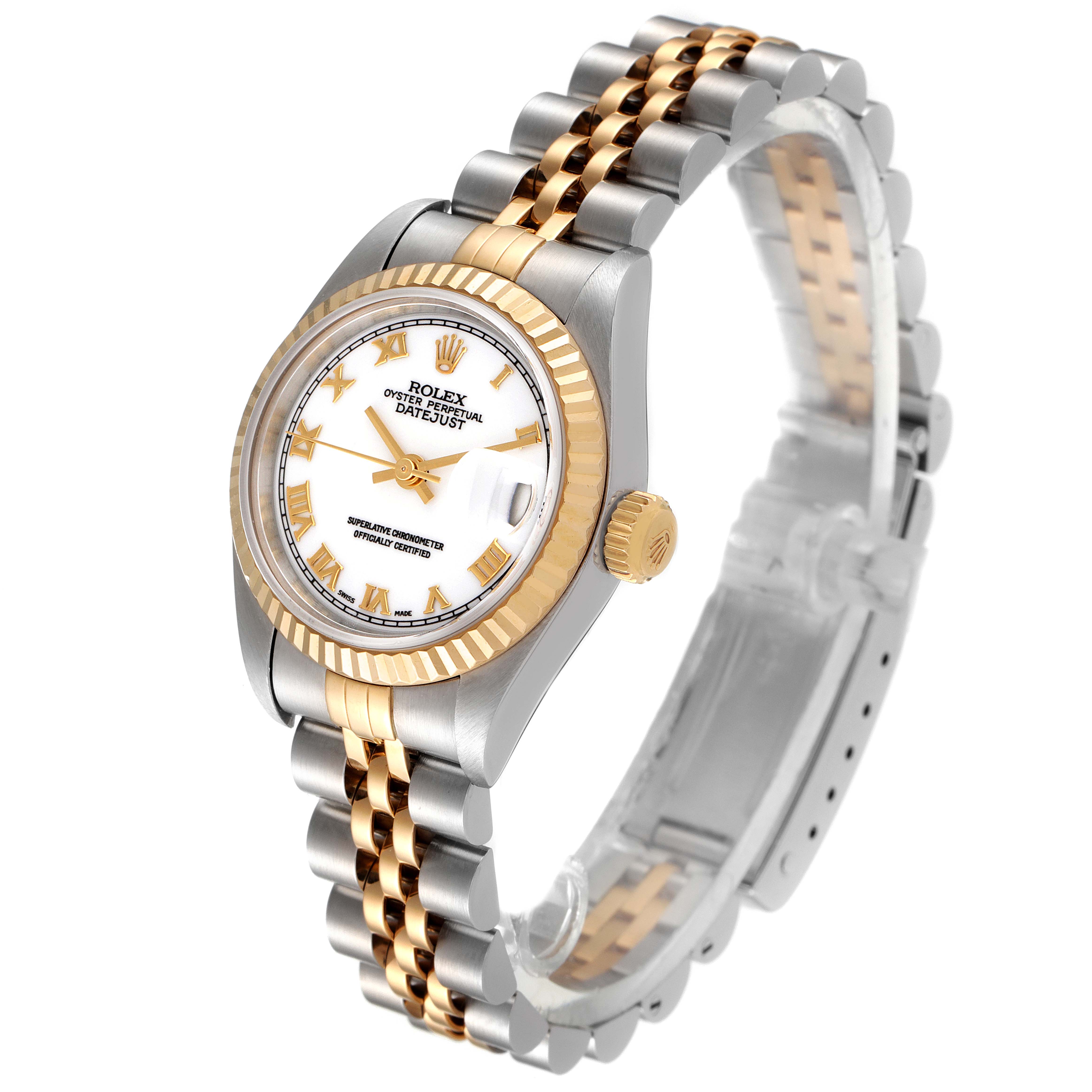 The Rolex Datejust 79173 Women's Steel and Gold (two tone) White Dial 79173 Women's Steel and Gold (two tone) White Dial watch is shown at an angle highlighting the face, bezel, crown, and two-tone bracelet.