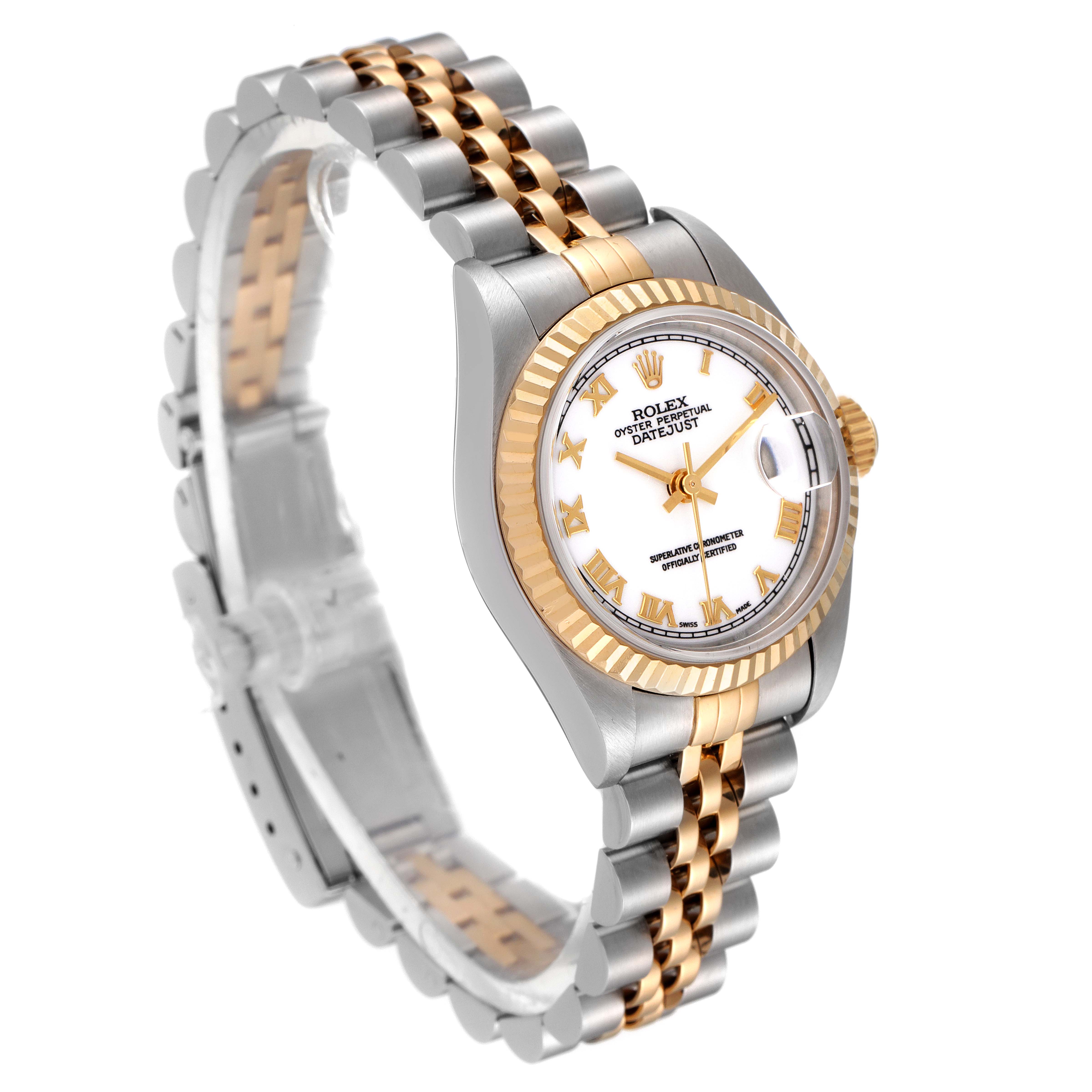 The image shows a Rolex Datejust 79173 Women's Steel and Gold (two tone) White Dial 79173 Women's Steel and Gold (two tone) White Dial watch at a three-quarter angle, highlighting its white dial, gold Roman numerals, fluted bezel, and two-tone bracelet.