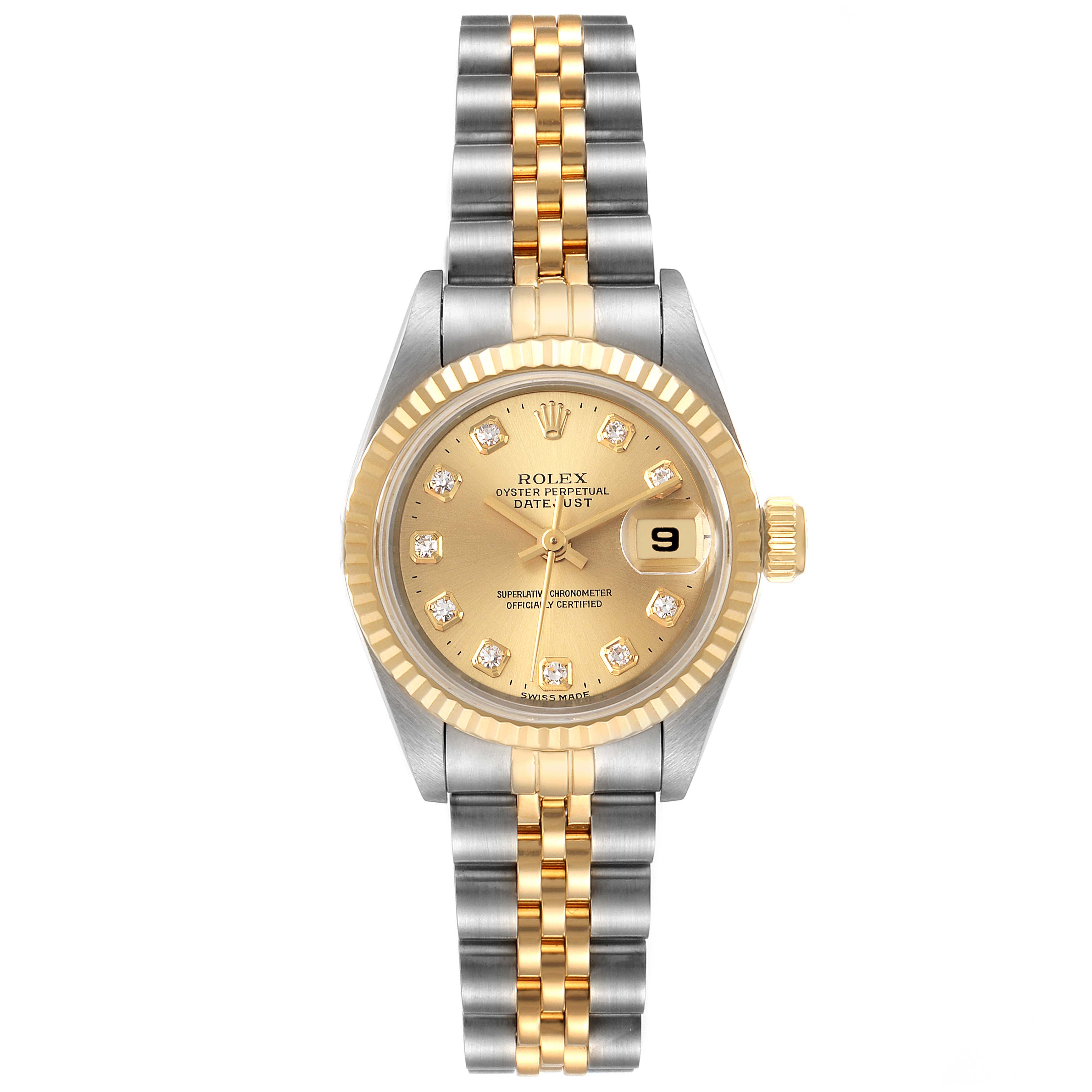 This image shows a front view of the Rolex Datejust 69173 Women
s Steel and Gold (two tone) Champagne Dial 69173 Women
s Steel and Gold (two tone) Champagne Dial watch, featuring the gold and silver bracelet, gold dial, and date display.