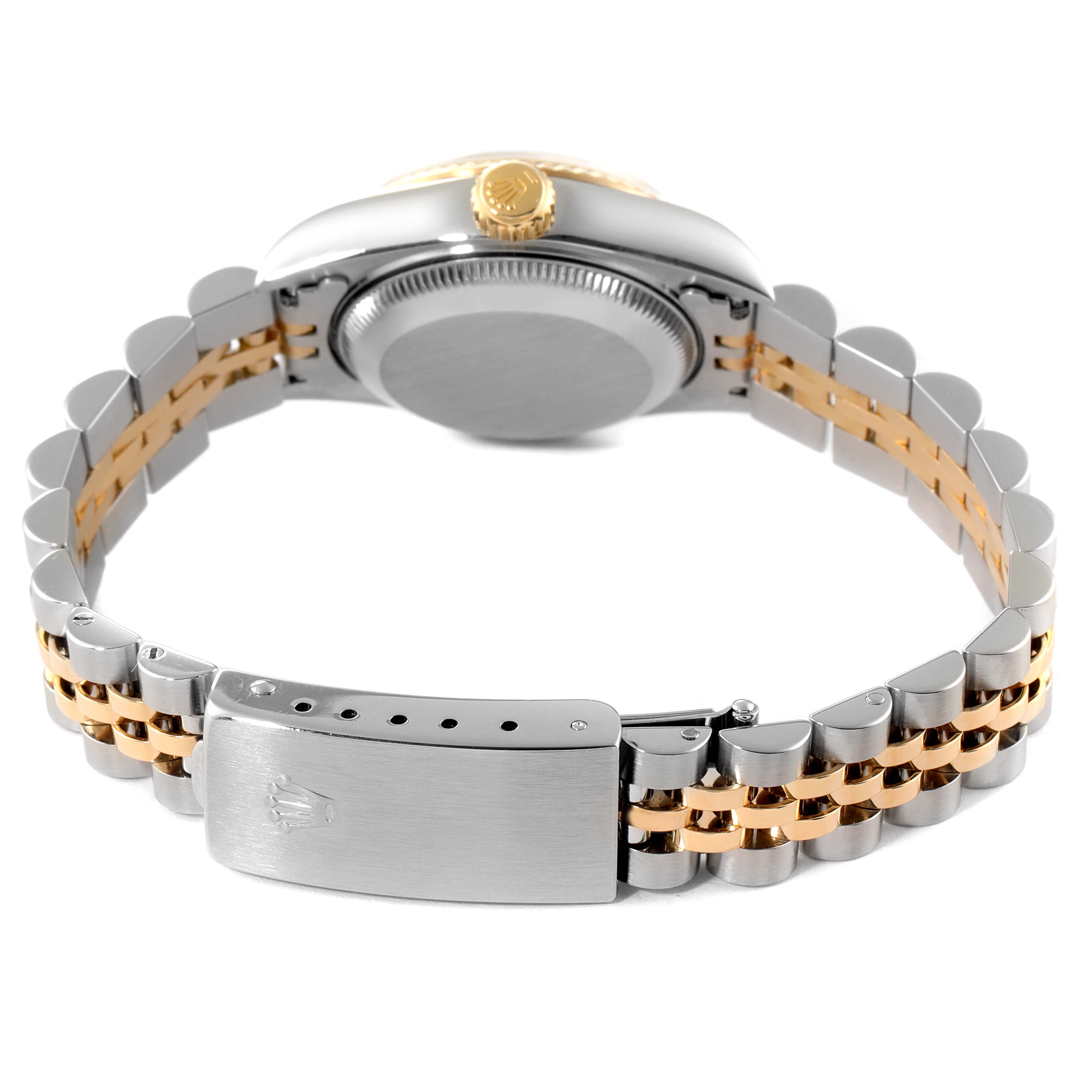 This image shows the back case, crown, and bracelet (two-tone) of a Rolex Datejust 69173 Women
s Steel and Gold (two tone) Champagne Dial 69173 Women
s Steel and Gold (two tone) Champagne Dial watch at a slightly angled rear view.