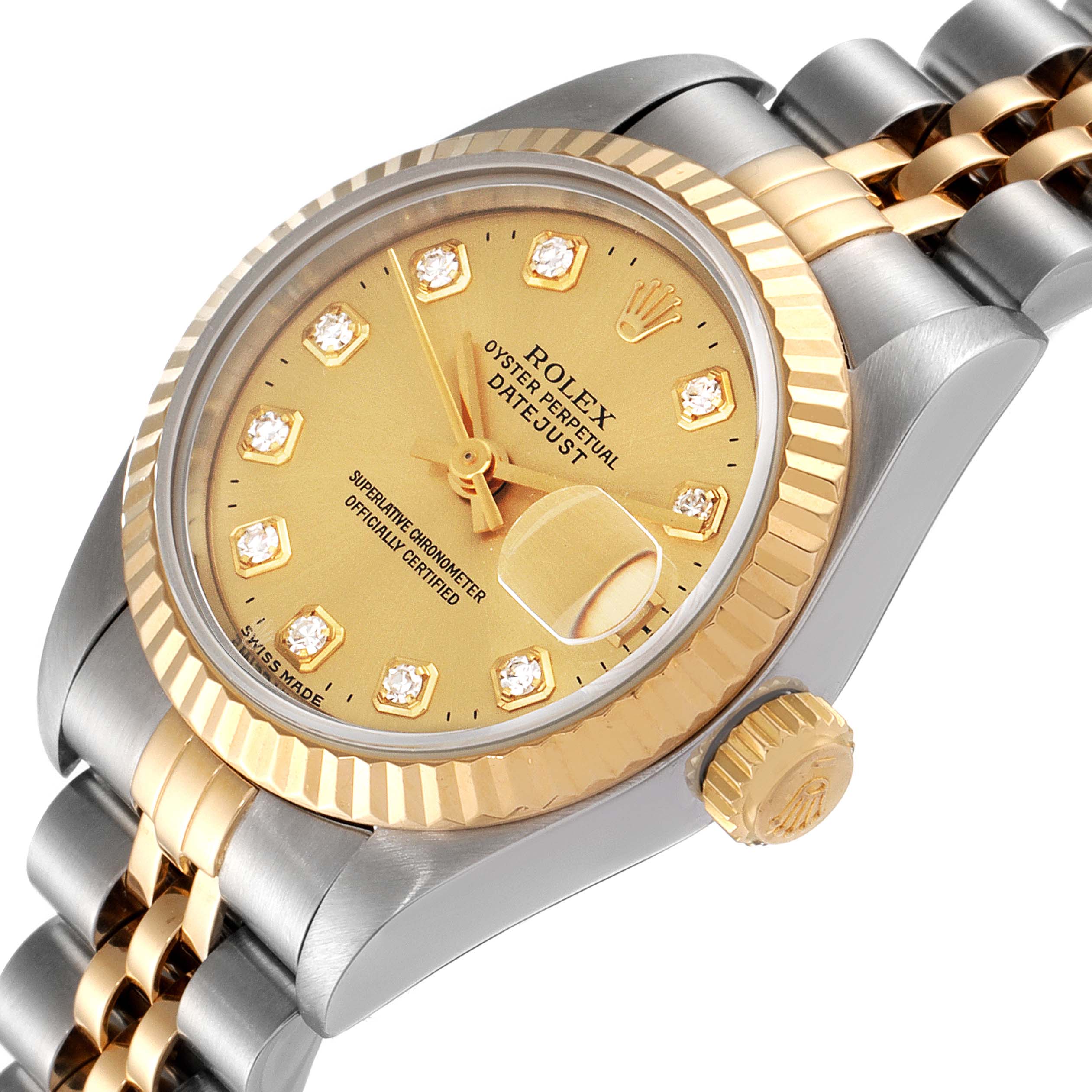 This image of the Rolex Datejust 69173 Women
s Steel and Gold (two tone) Champagne Dial 69173 Women
s Steel and Gold (two tone) Champagne Dial watch shows a close-up of the dial, bezel, crown, and part of the bracelet at an angled view.