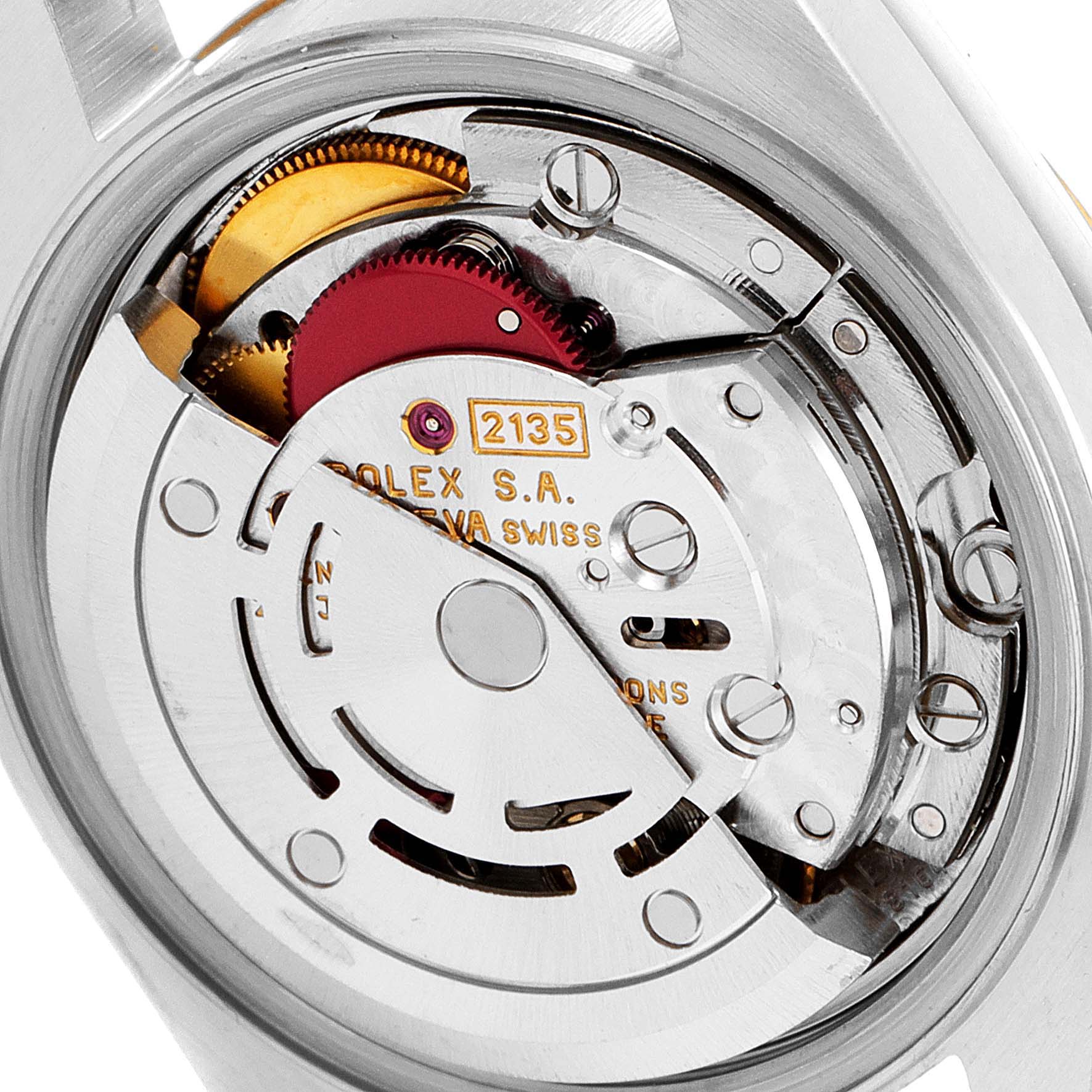 The image shows the open caseback of a Rolex Datejust 69173 Women
s Steel and Gold (two tone) Champagne Dial 69173 Women
s Steel and Gold (two tone) Champagne Dial watch model, revealing the movement mechanism inside.