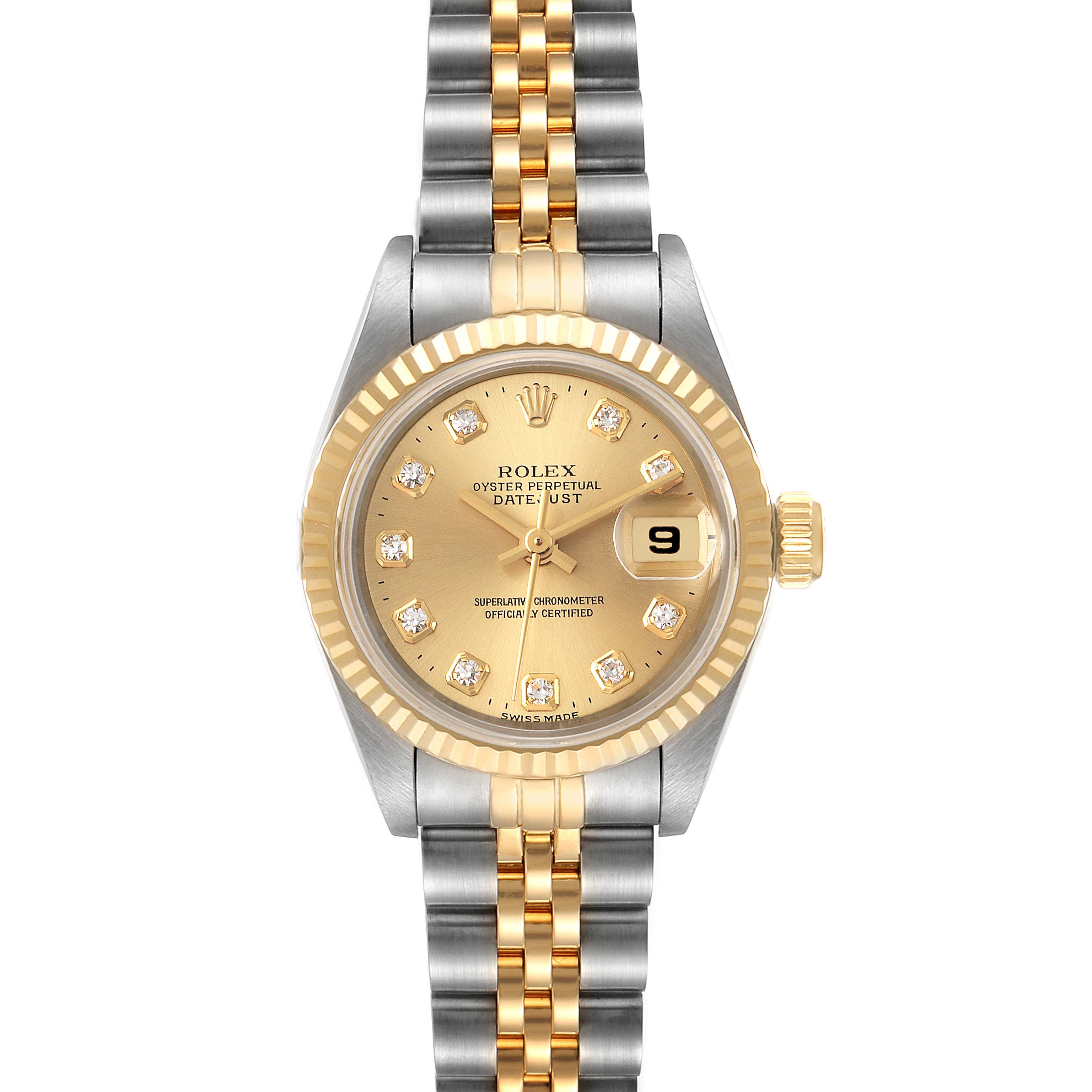 The image shows a front view of a Rolex Datejust 69173 Women
s Steel and Gold (two tone) Champagne Dial 69173 Women
s Steel and Gold (two tone) Champagne Dial watch, featuring a fluted bezel, date display, and two-tone bracelet.