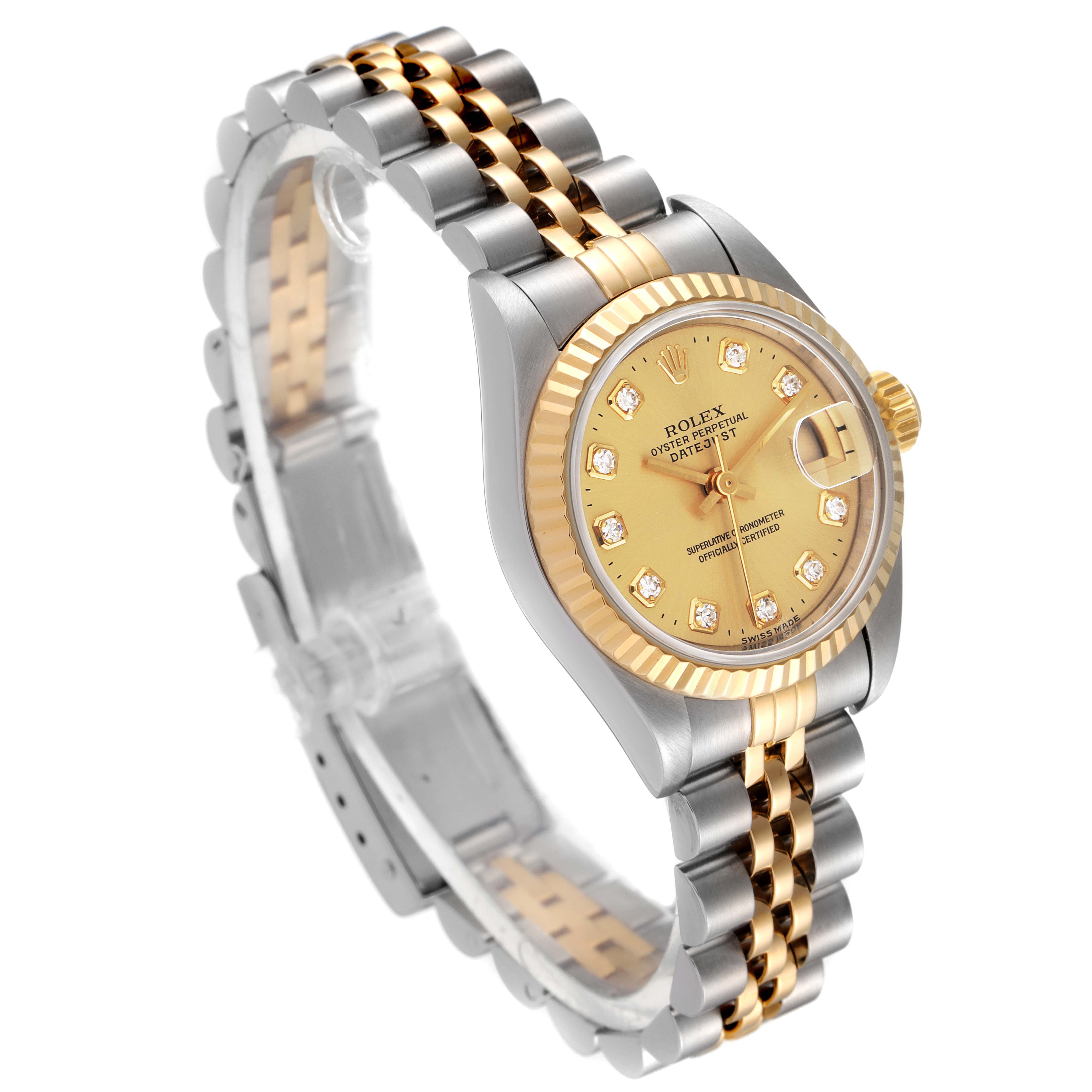 The image shows a Rolex Datejust 69173 Women
s Steel and Gold (two tone) Champagne Dial 69173 Women
s Steel and Gold (two tone) Champagne Dial watch at a three-quarters angle, highlighting its two-tone bracelet, fluted bezel, and champagne dial.