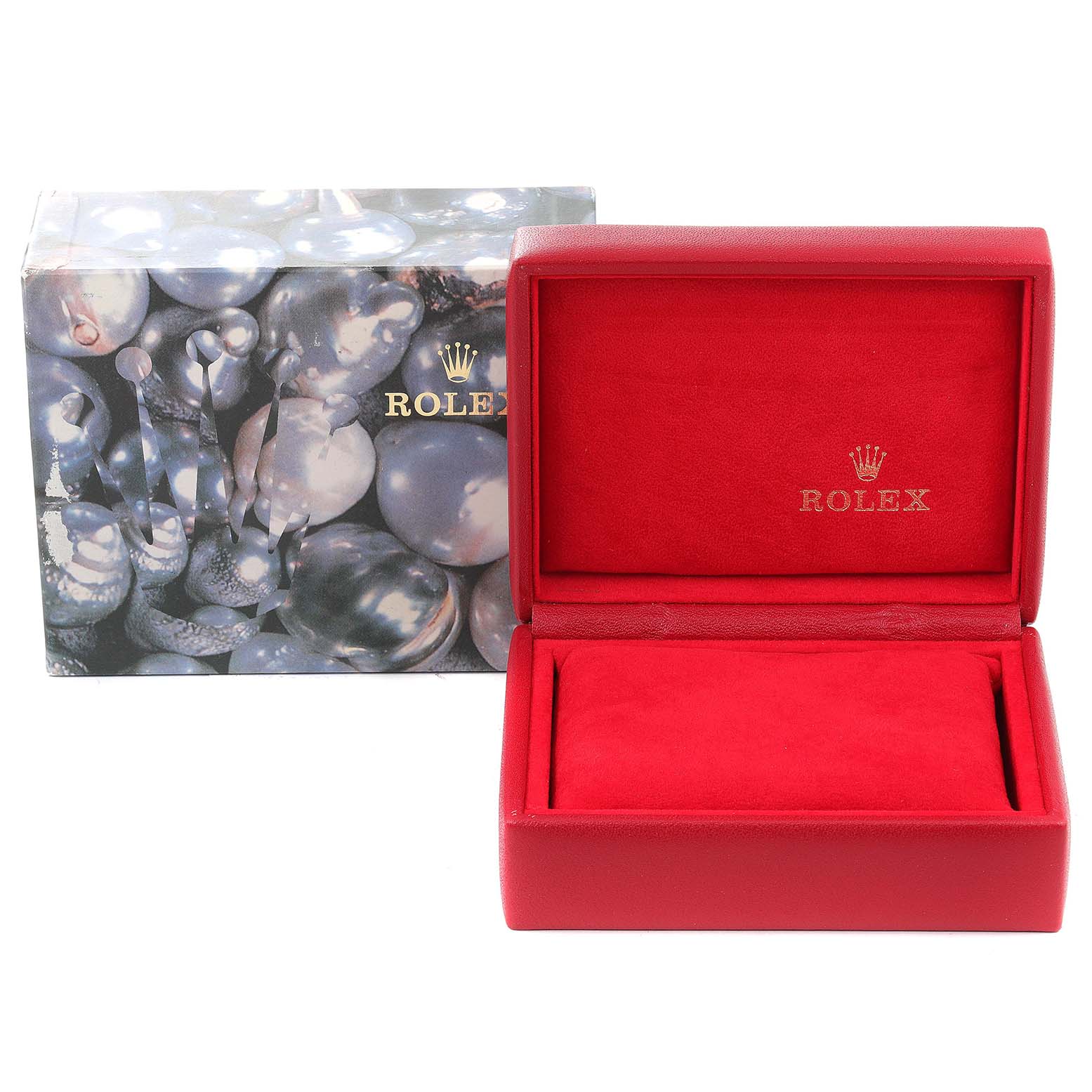 This image shows the open and empty watch box of a Rolex Datejust 69173 Women
s Steel and Gold (two tone) Champagne Dial 69173 Women
s Steel and Gold (two tone) Champagne Dial, with the box
s branded packaging in the background.