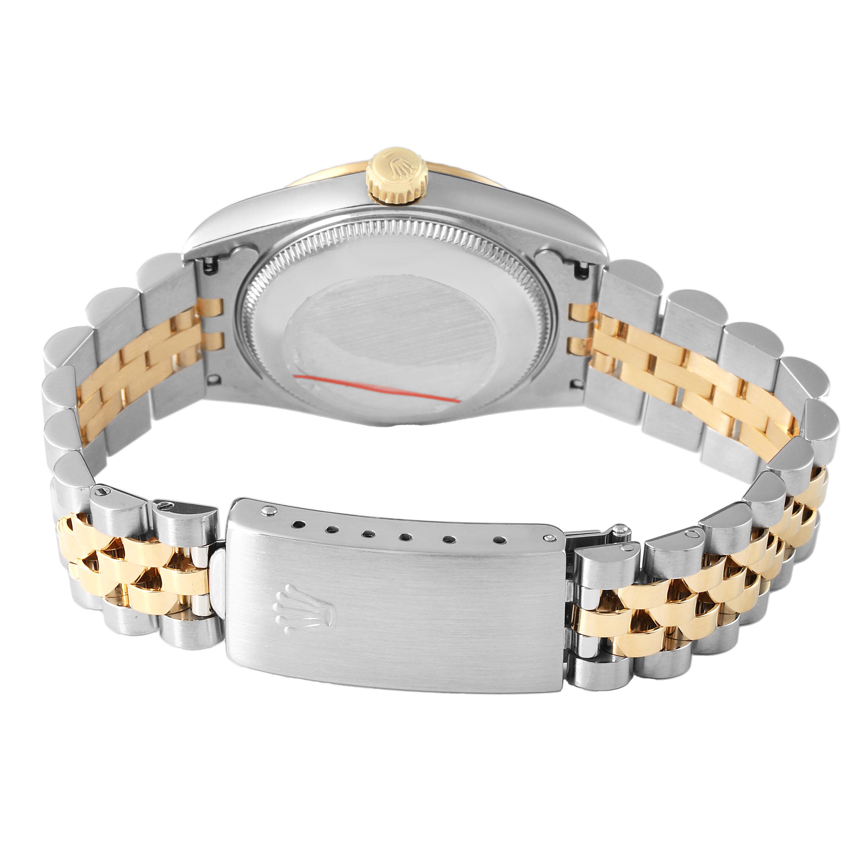 The image shows the back of a Rolex Datejust 68273 Women's Steel and Gold (two tone) White Dial watch, highlighting the case back, crown, and metal bracelet with a closed clasp.