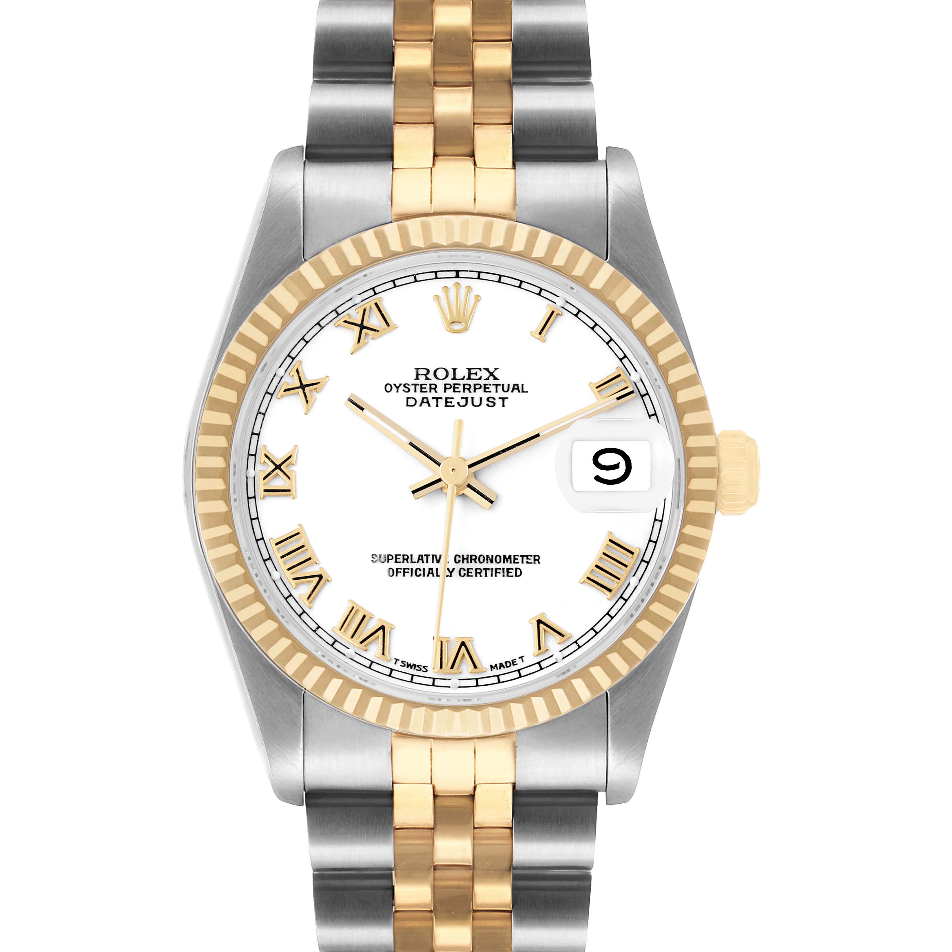 The Rolex Datejust 68273 Women's Steel and Gold (two tone) White Dial watch is shown from the front, highlighting the dial, fluted bezel, bracelet, and date window.