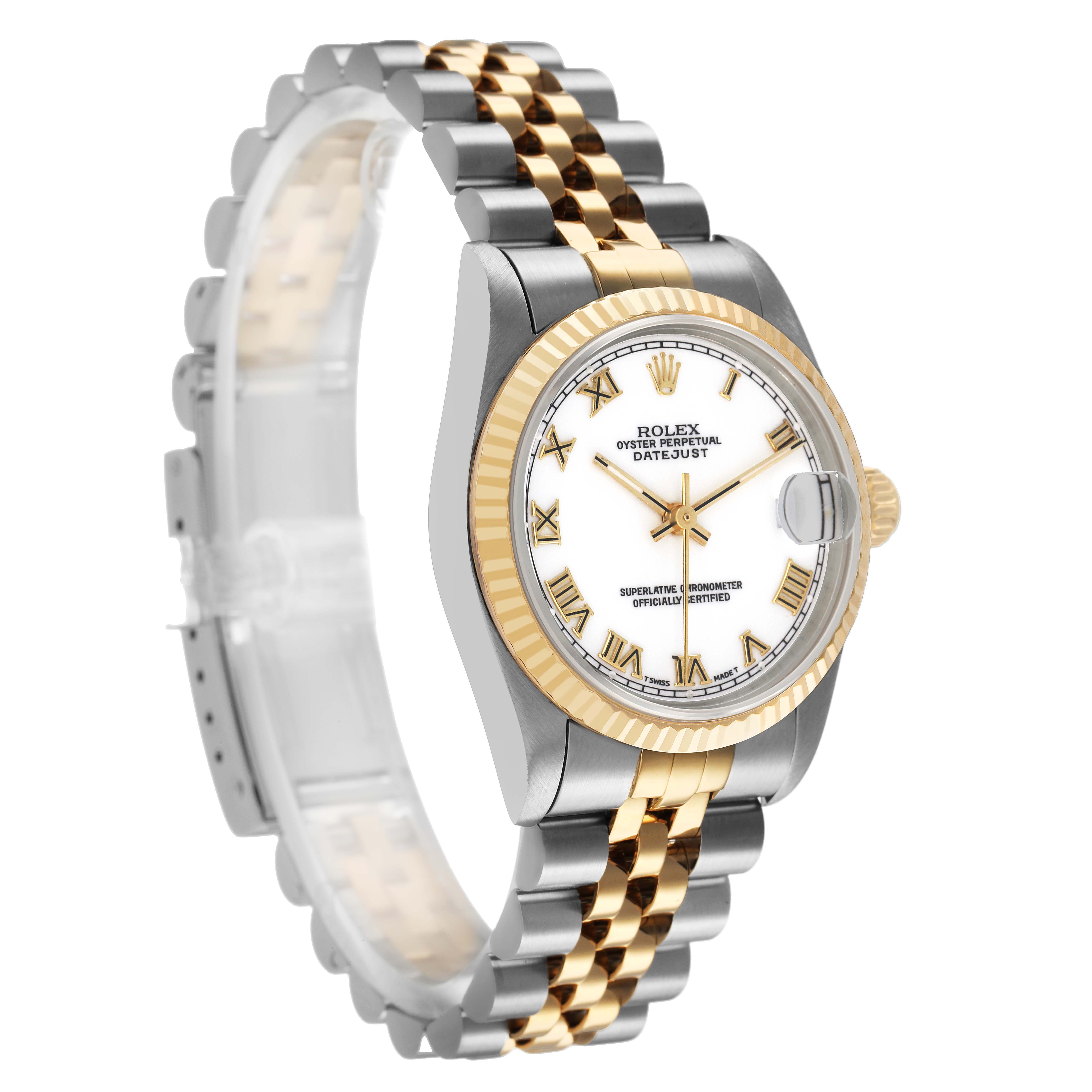 The Rolex Datejust 68273 Women's Steel and Gold (two tone) White Dial is shown at a slight angle from the front, highlighting the dial, bezel, and two-tone jubilee bracelet.
