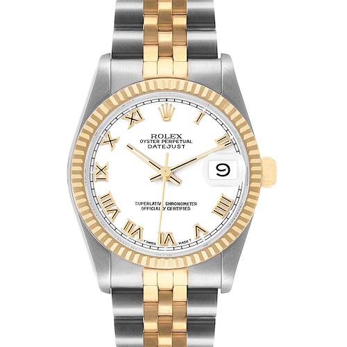 The Rolex Datejust 68273 Women's Steel and Gold (two tone) White Dial watch is shown from the front, displaying the face, bezel, crown, and bracelet.