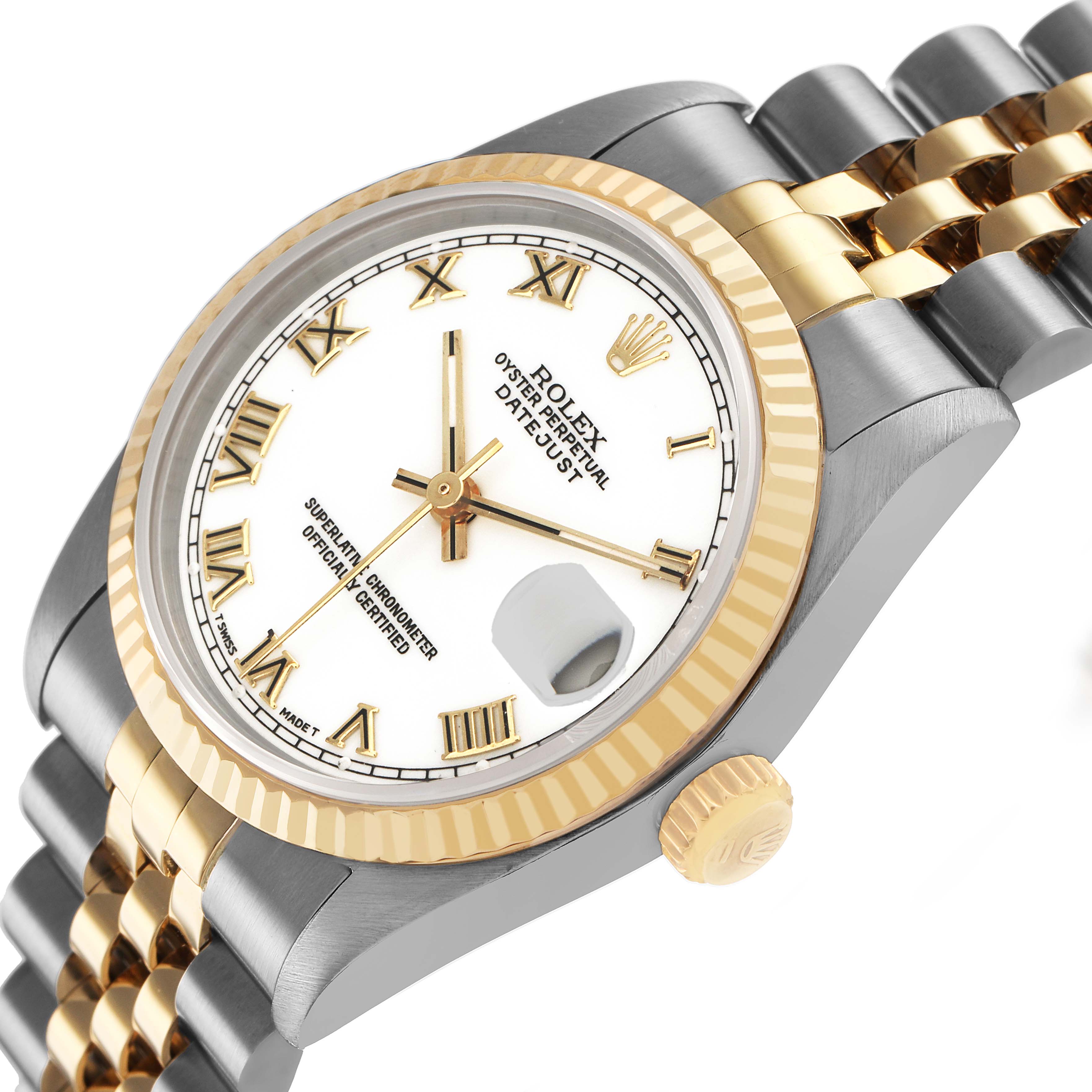 The image shows a Rolex Datejust 68273 Women's Steel and Gold (two tone) White Dial watch at an angled view, highlighting the dial, fluted bezel, and jubilee bracelet.