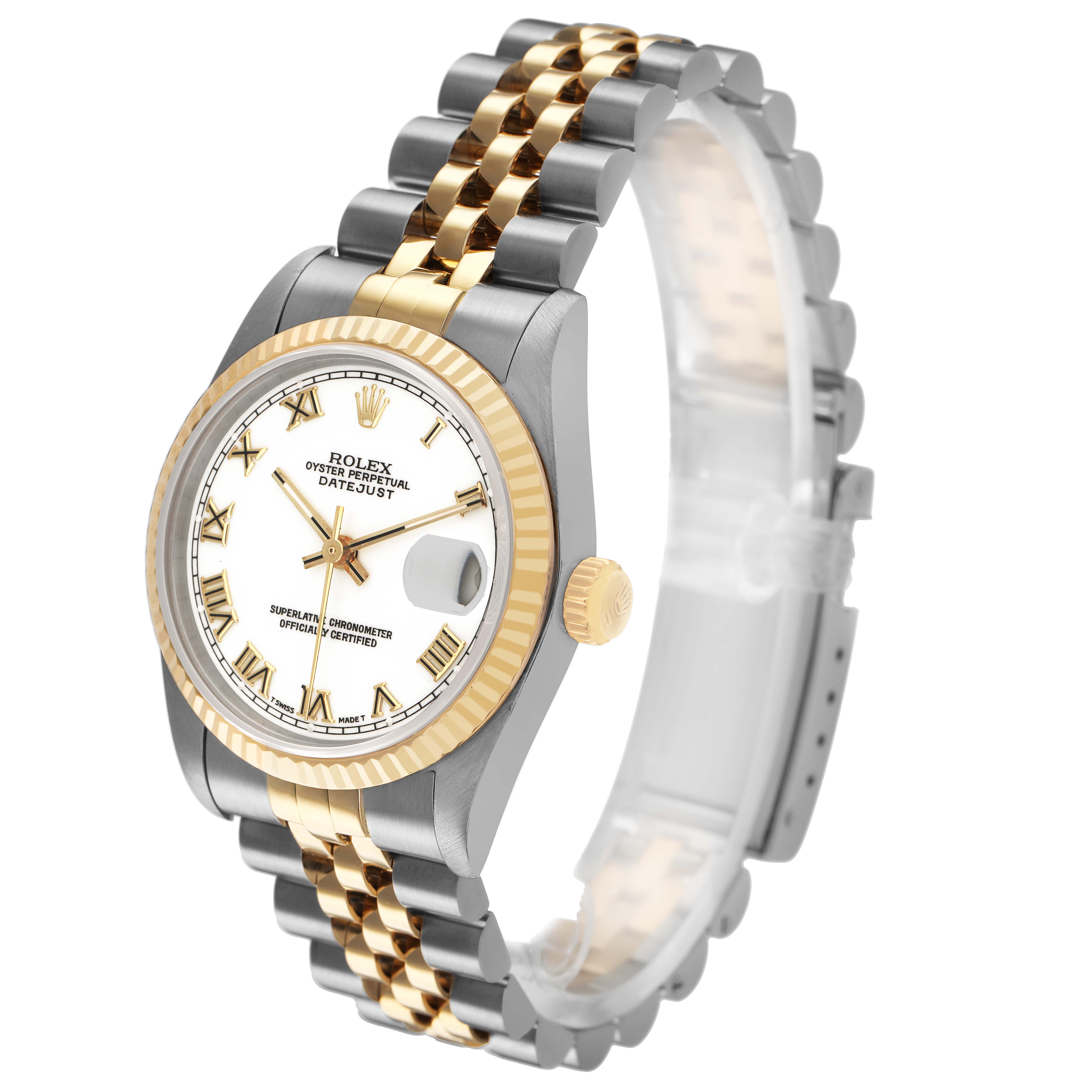 The Rolex Datejust 68273 Women's Steel and Gold (two tone) White Dial watch is shown at a slight side angle, highlighting its dial, bezel, crown, and bracelet.