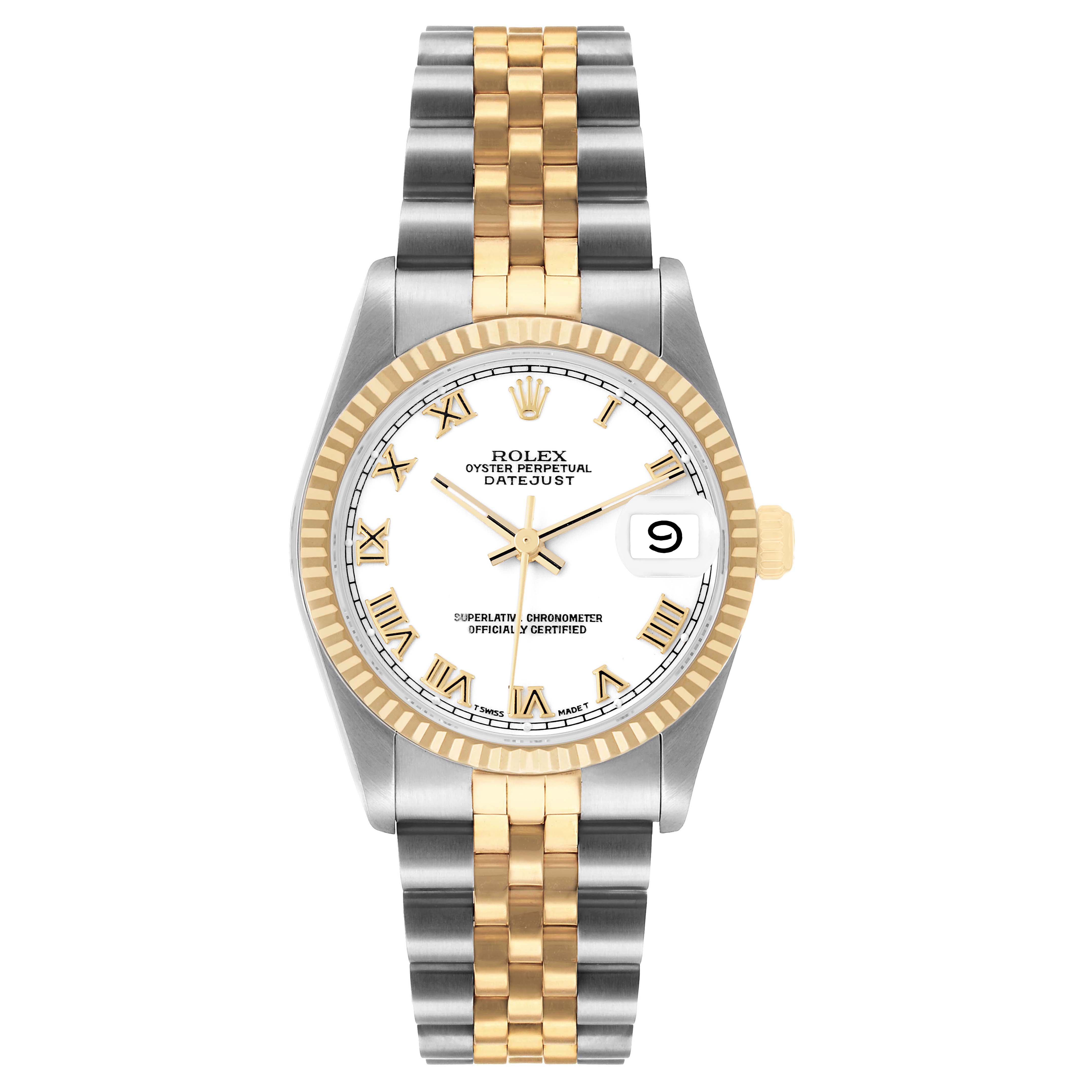 The Rolex Datejust 68273 Women's Steel and Gold (two tone) White Dial watch is shown from a top view, highlighting its dial, bezel, and two-tone bracelet.