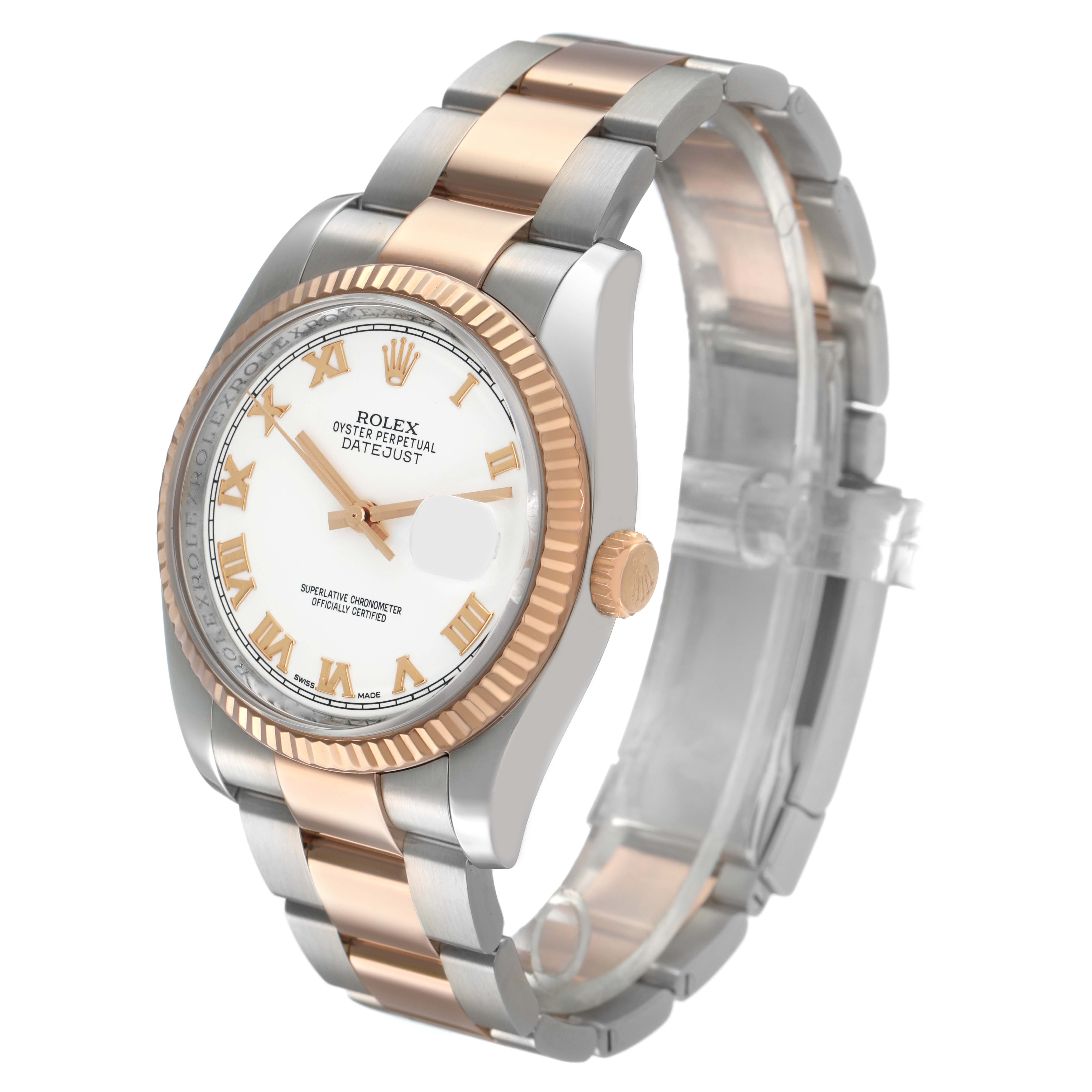 The Rolex Datejust 116231 Men's Steel and Gold (two tone) White Dial watch is shown at a three-quarter angle, displaying its two-tone bracelet, fluted bezel, and Roman numeral dial.