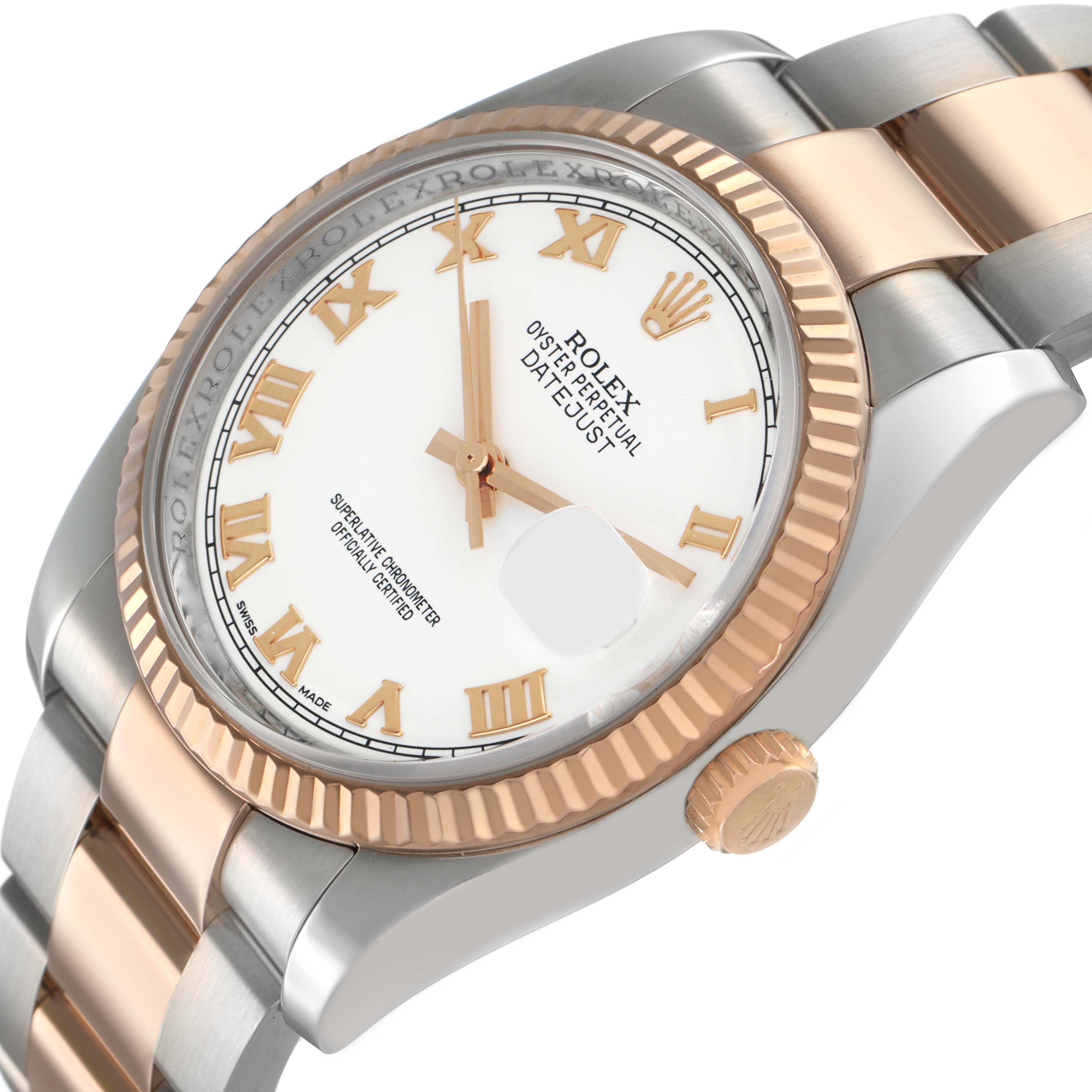 The Rolex Datejust 116231 Men's Steel and Gold (two tone) White Dial watch is shown at an angle highlighting the dial, bezel, crown, and bracelet with a mix of gold and steel.