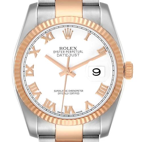 The Rolex Datejust 116231 Men's Steel and Gold (two tone) White Dial watch is shown from the front, highlighting the dial, bezel, crown, and part of the bracelet.