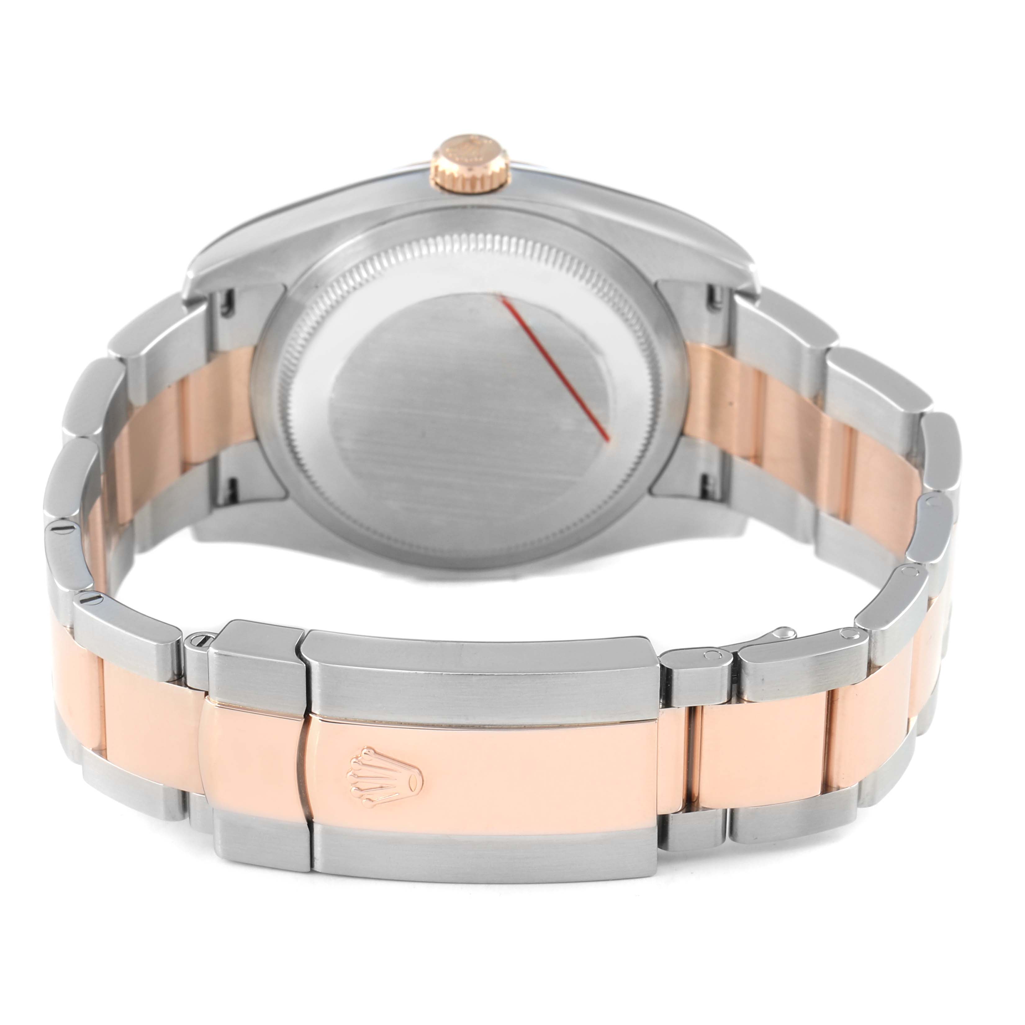 The image shows the back view of a Rolex Datejust 116231 Men's Steel and Gold (two tone) White Dial watch, featuring the case back and two-tone bracelet with the Rolex logo on the clasp.