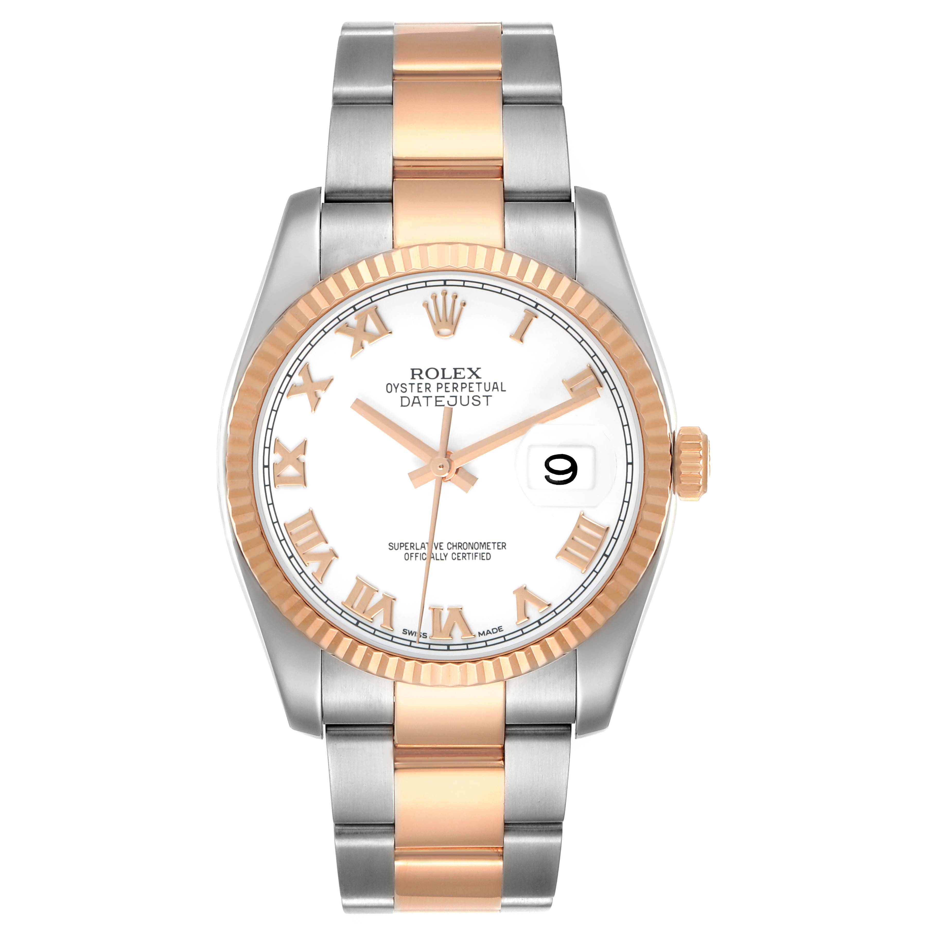 The Rolex Datejust 116231 Men's Steel and Gold (two tone) White Dial watch is shown from a front angle, displaying its face, two-tone bracelet, and fluted bezel.