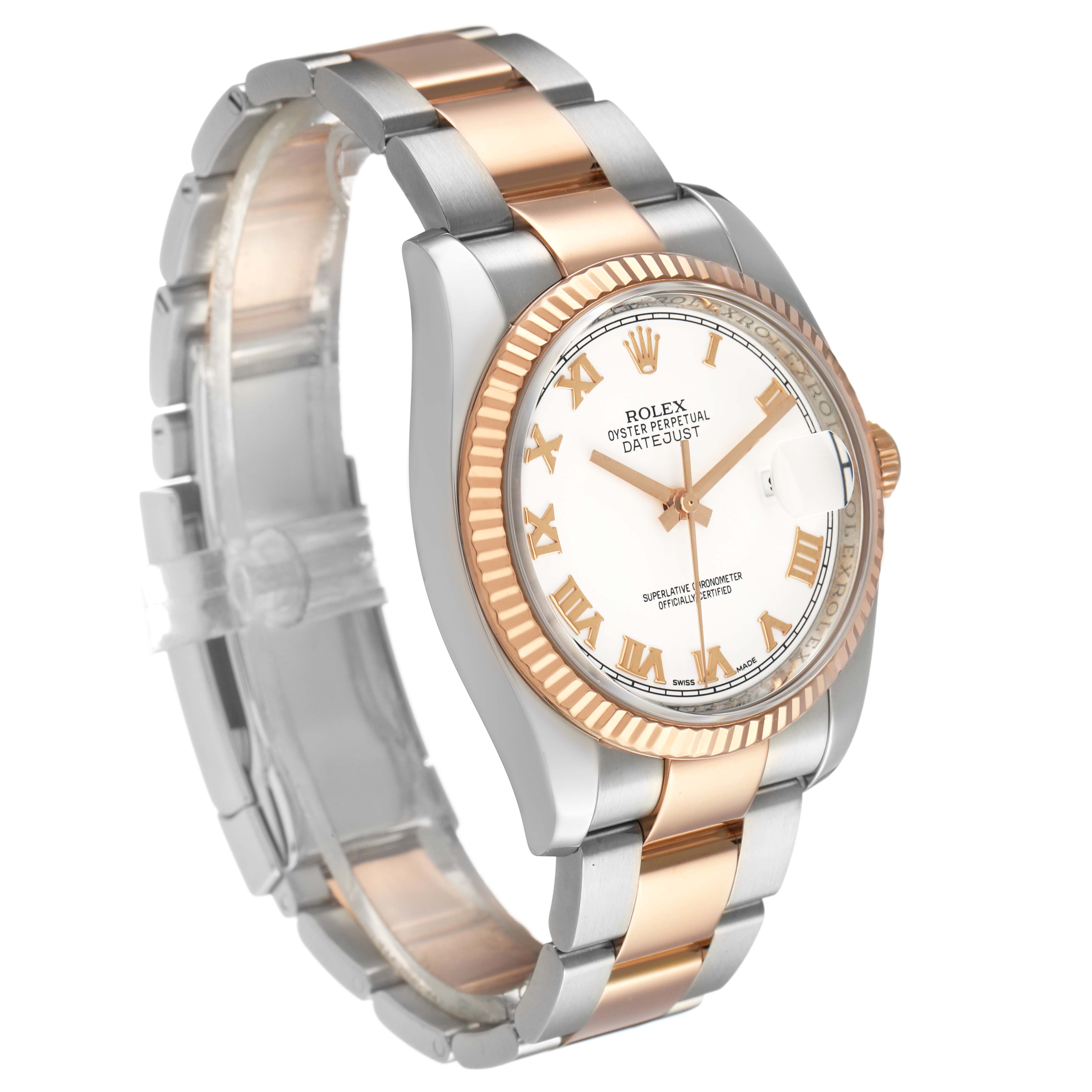 The Rolex Datejust 116231 Men's Steel and Gold (two tone) White Dial watch is shown at an angle displaying the face, fluted bezel, and two-tone bracelet.