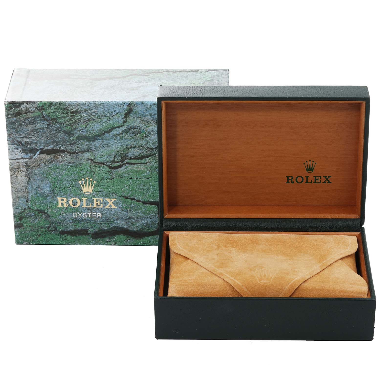 The image shows the open box and suede pouch for a Rolex Datejust 16234 Men's Stainless Steel Silver Dial 16234 Men's Stainless Steel Silver Dial watch, with the green outer box in the background.