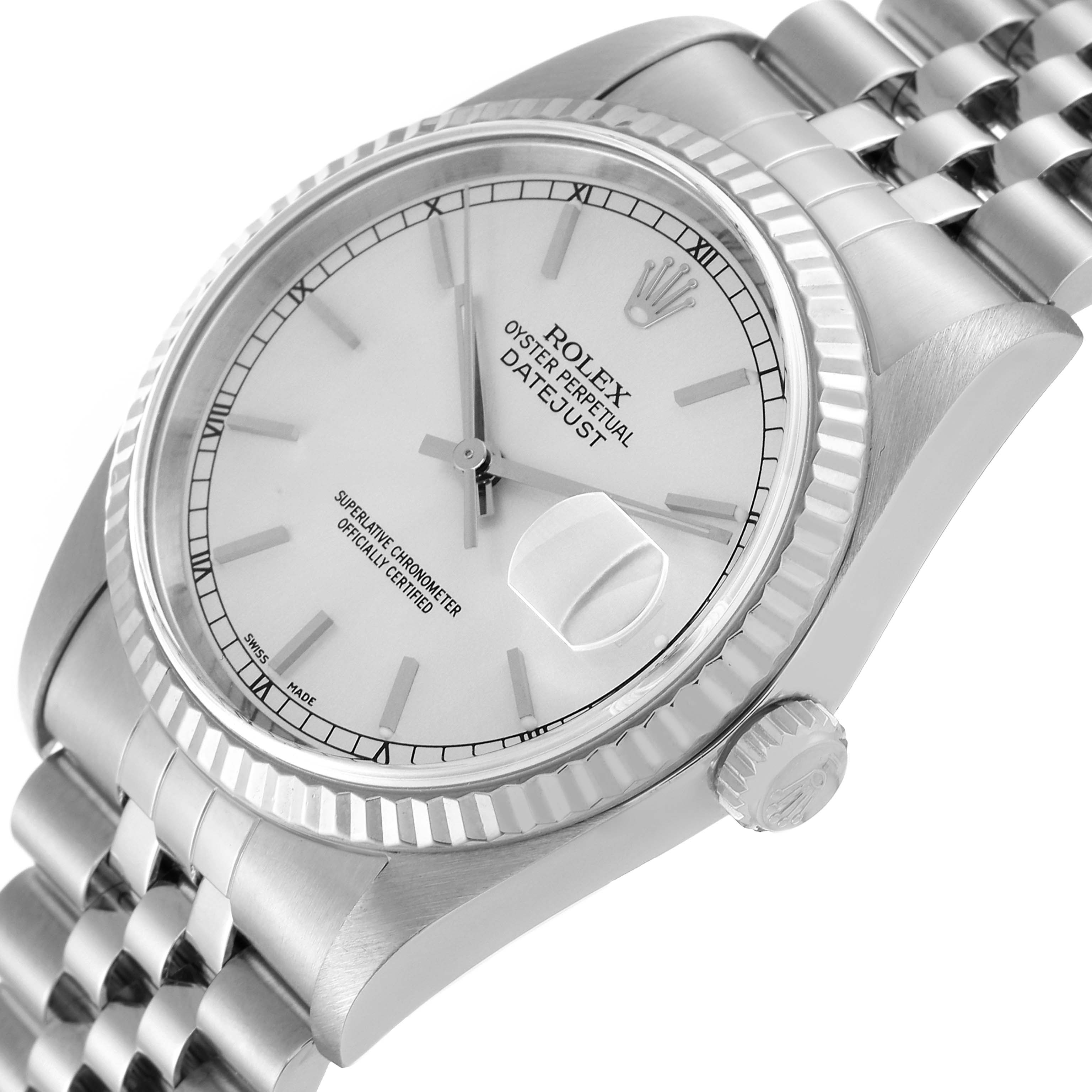 The image shows a side view of the Rolex Datejust 16234 Men's Stainless Steel Silver Dial 16234 Men's Stainless Steel Silver Dial watch, highlighting the dial, crown, and part of the bracelet.