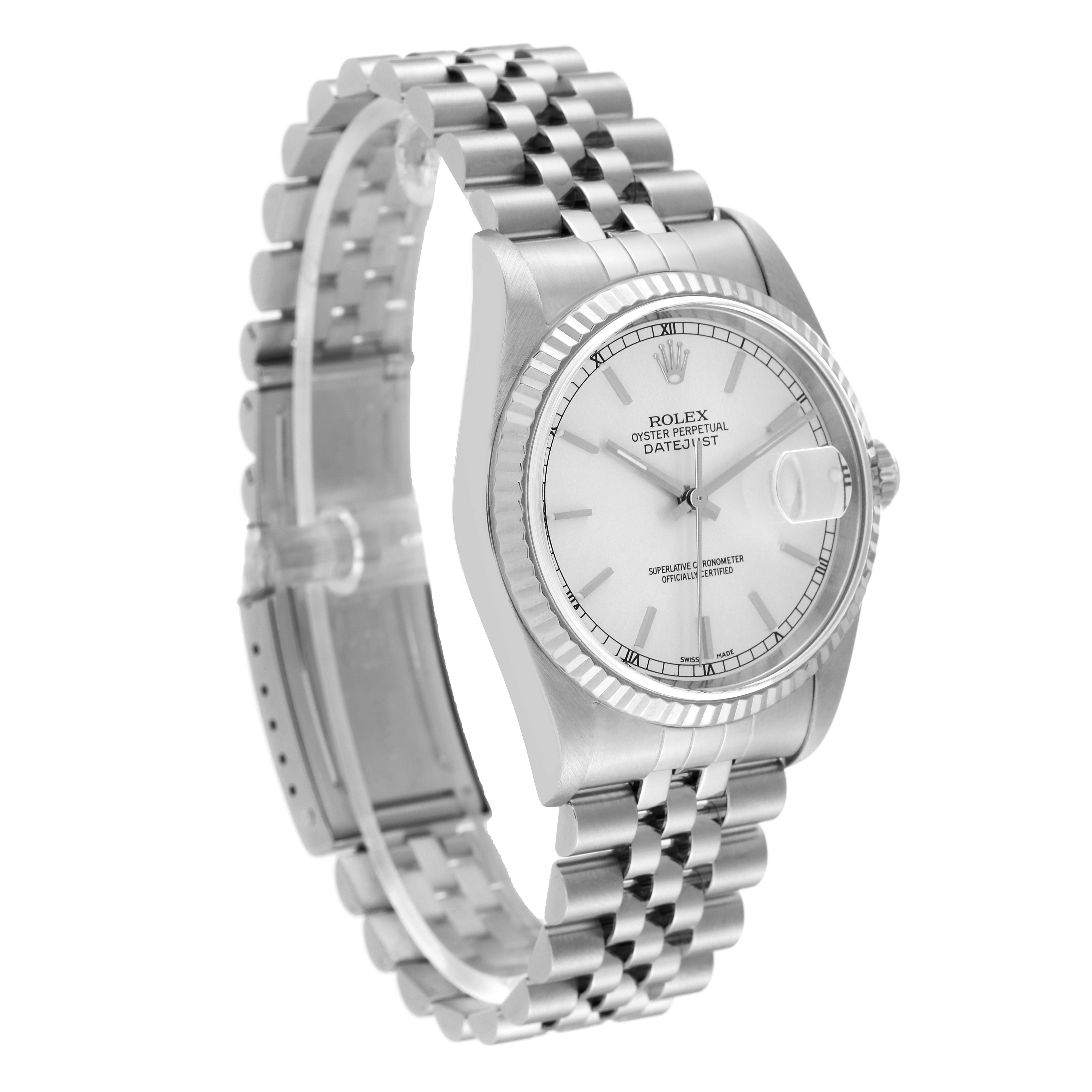 This image of the Rolex Datejust 16234 Men's Stainless Steel Silver Dial 16234 Men's Stainless Steel Silver Dial model shows a side angle highlighting the watch face, bezel, case, and bracelet.