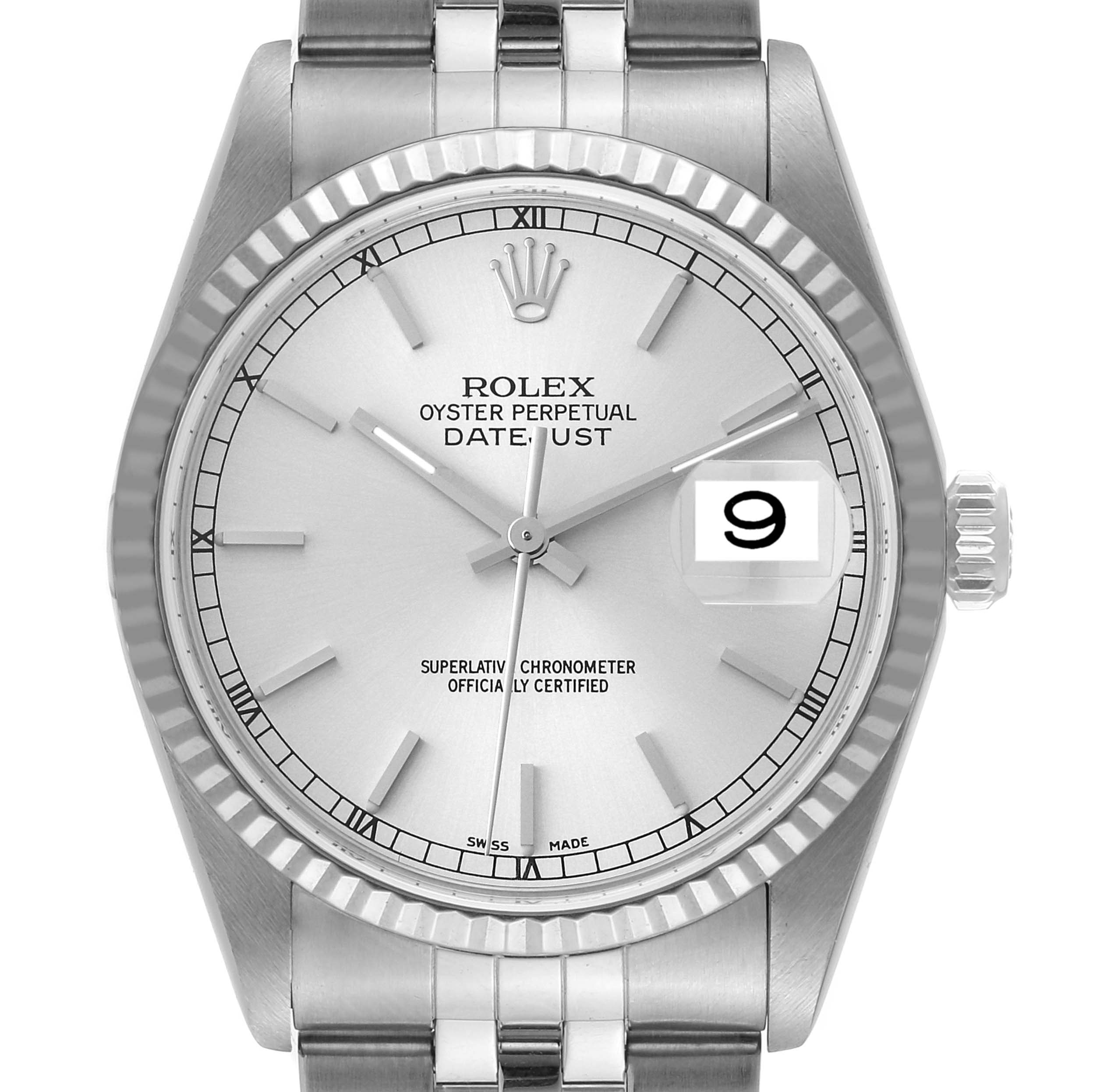 The image shows a front view of a Rolex Datejust 16234 Men's Stainless Steel Silver Dial 16234 Men's Stainless Steel Silver Dial watch, highlighting the dial, bezel, crown, and part of the bracelet.
