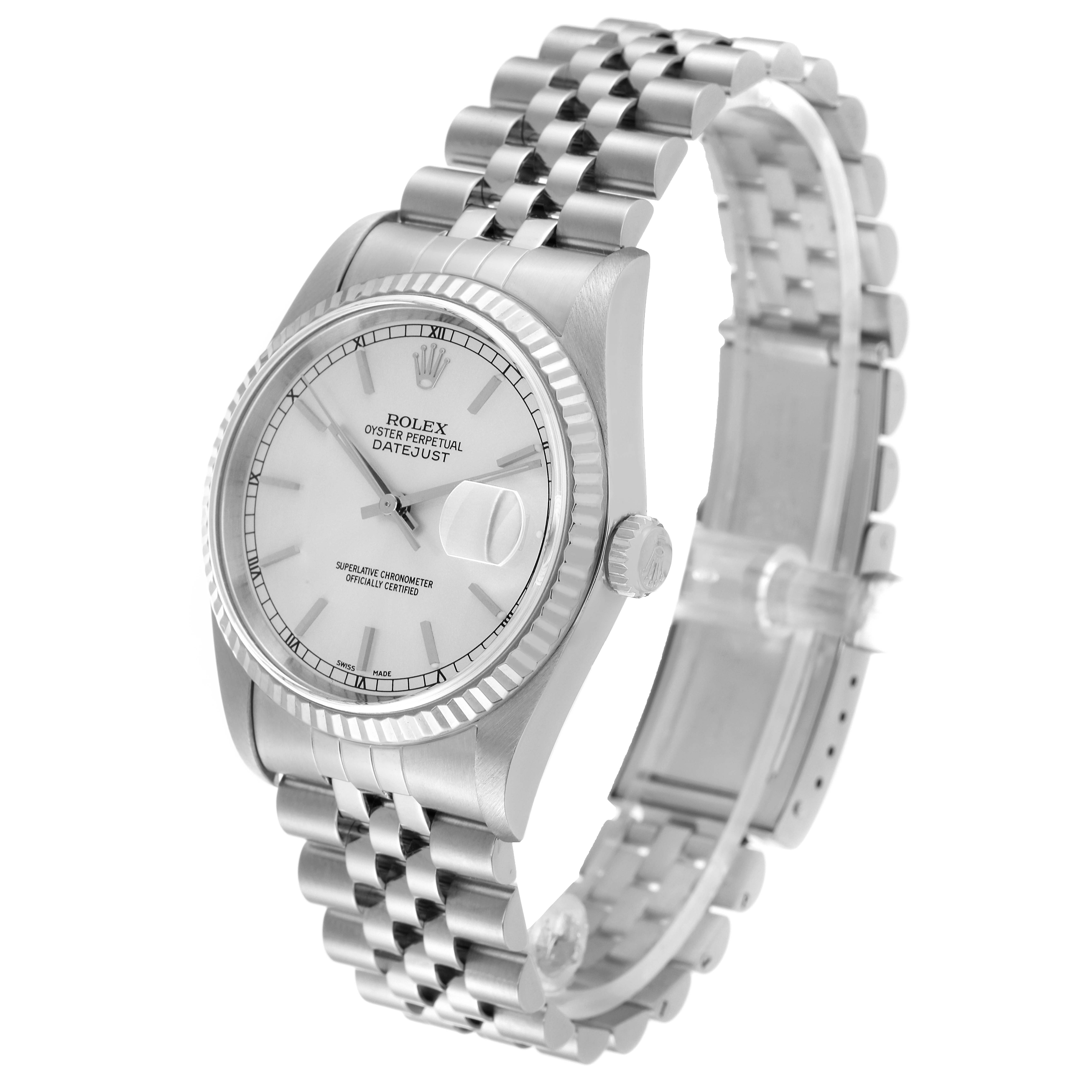 The Rolex Datejust 16234 Men's Stainless Steel Silver Dial 16234 Men's Stainless Steel Silver Dial watch is shown at a three-quarter angle, displaying the face, bezel, crown, and bracelet.