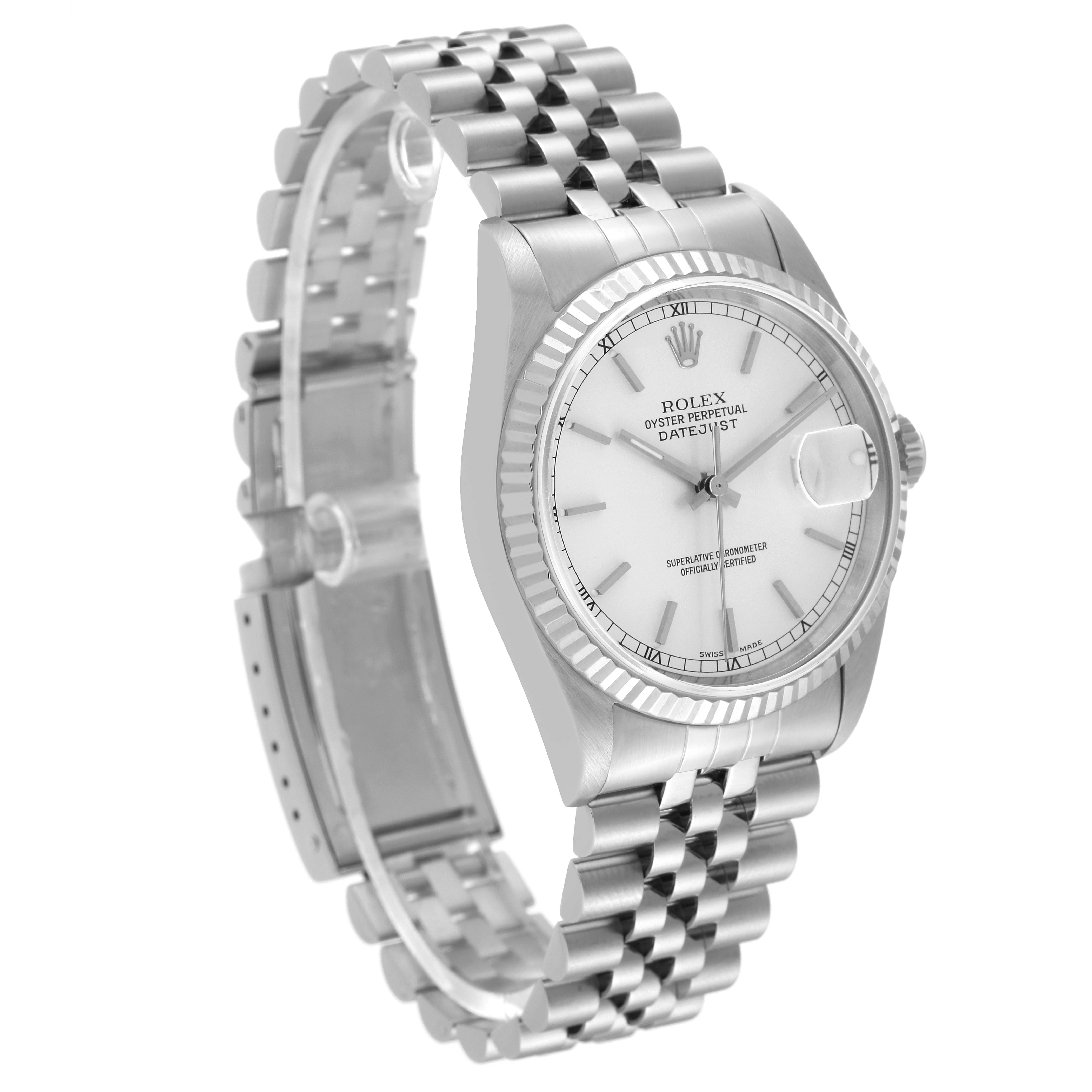 The image shows a Rolex Datejust 16234 Men's Stainless Steel Silver Dial 16234 Men's Stainless Steel Silver Dial watch at an angled view, displaying the face, bezel, and bracelet.