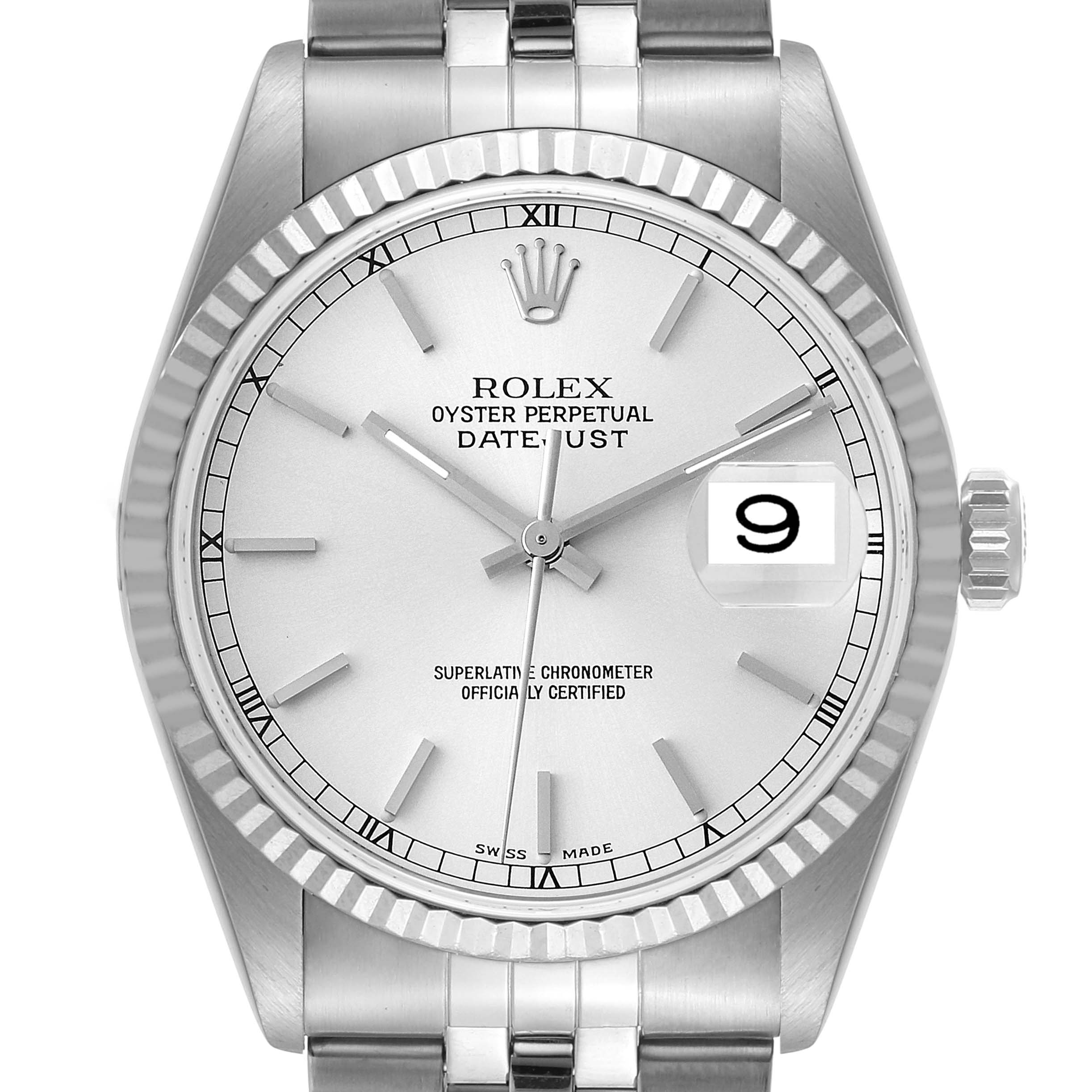 The Rolex Datejust 16234 Men's Stainless Steel Silver Dial 16234 Men's Stainless Steel Silver Dial watch is shown from a front angle, displaying its dial, bezel, and partial bracelet.